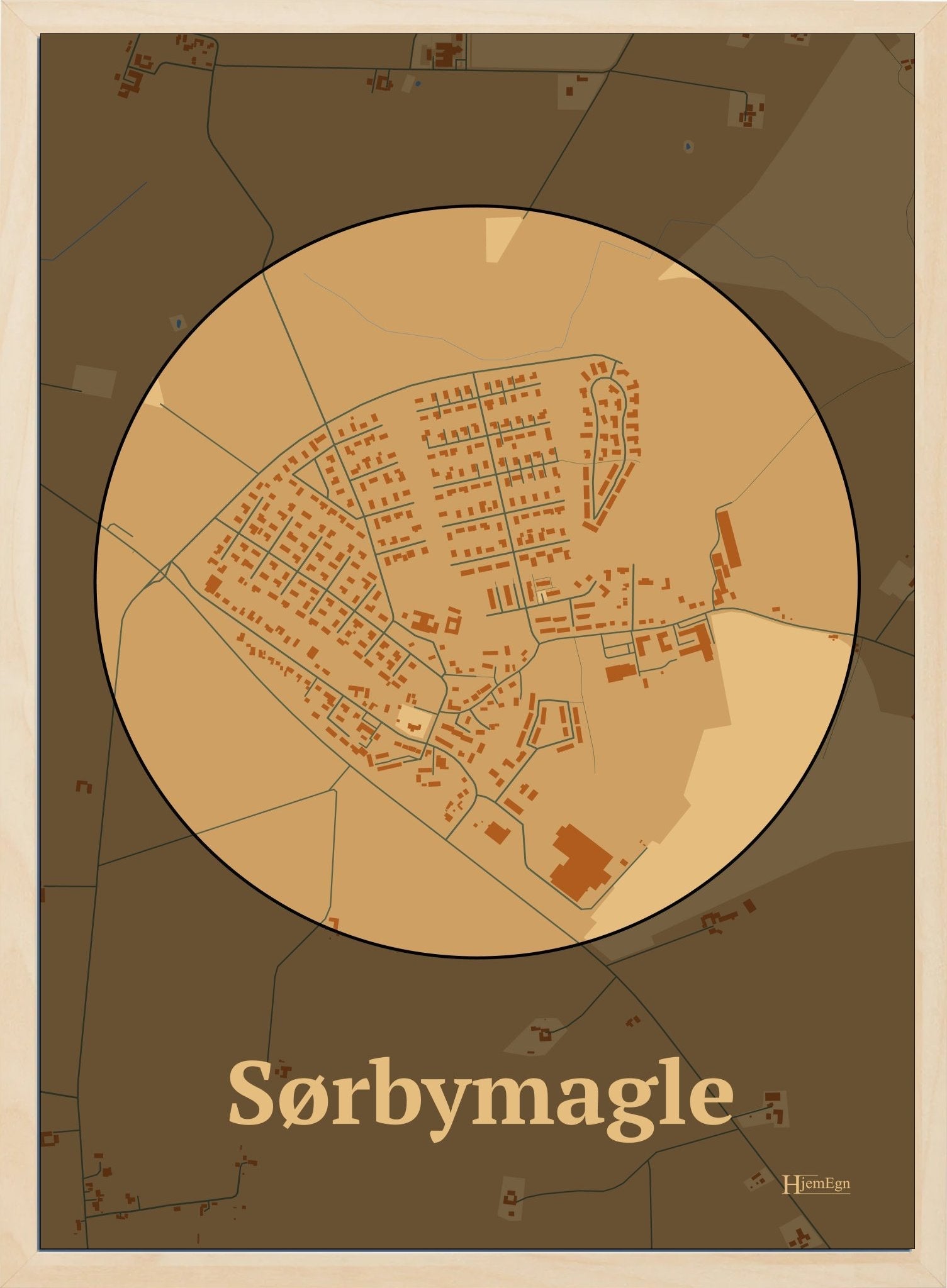 Sørbymagle plakat i farve pastel brun og HjemEgn.dk design centrum. Design bykort for Sørbymagle