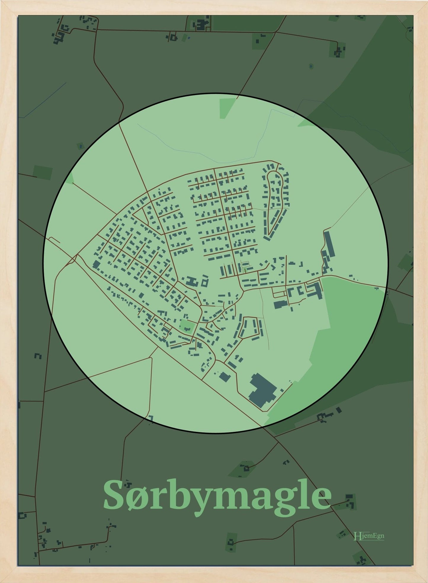 Sørbymagle plakat i farve pastel grøn og HjemEgn.dk design centrum. Design bykort for Sørbymagle