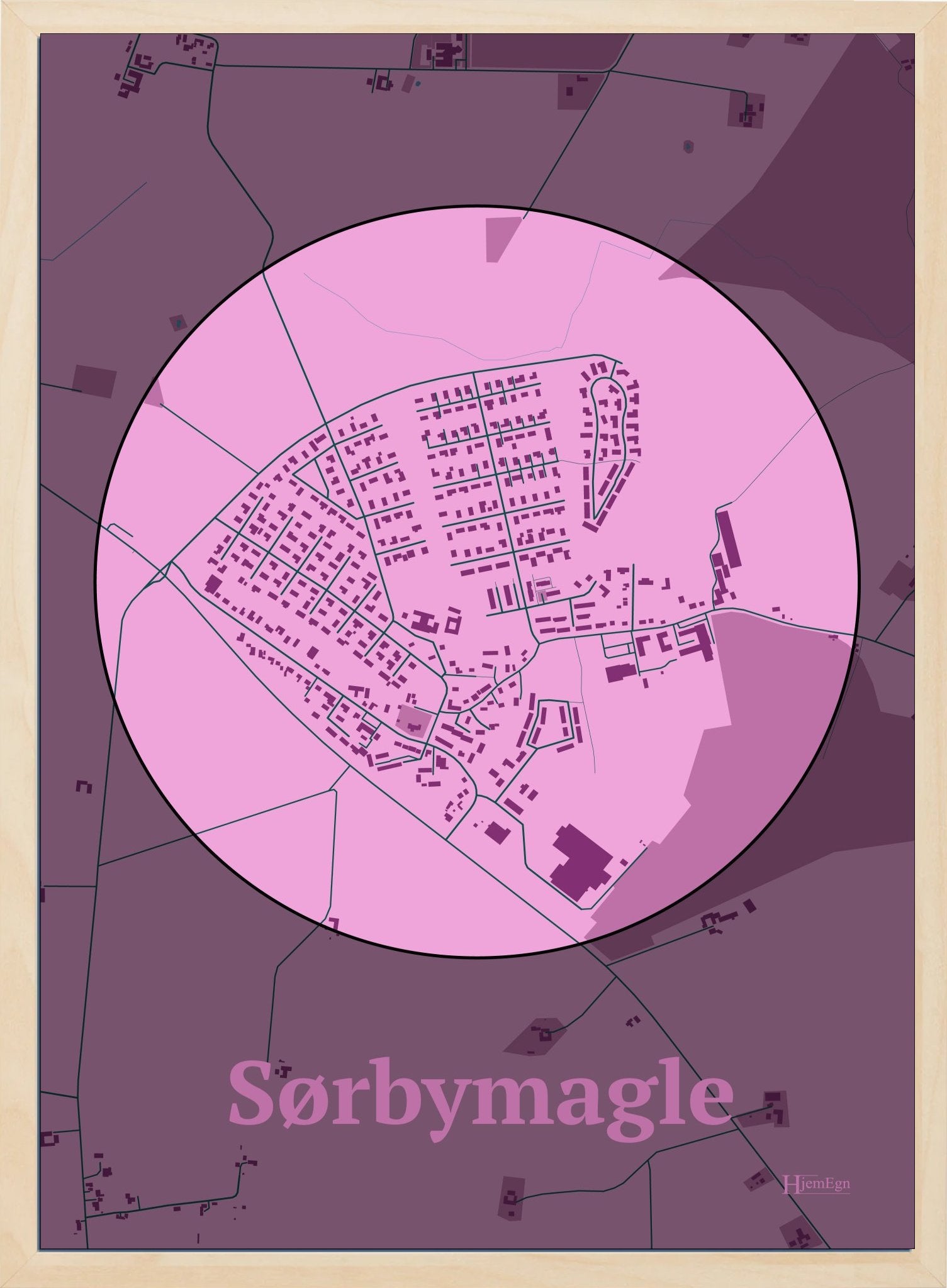 Sørbymagle plakat i farve pastel rød og HjemEgn.dk design centrum. Design bykort for Sørbymagle