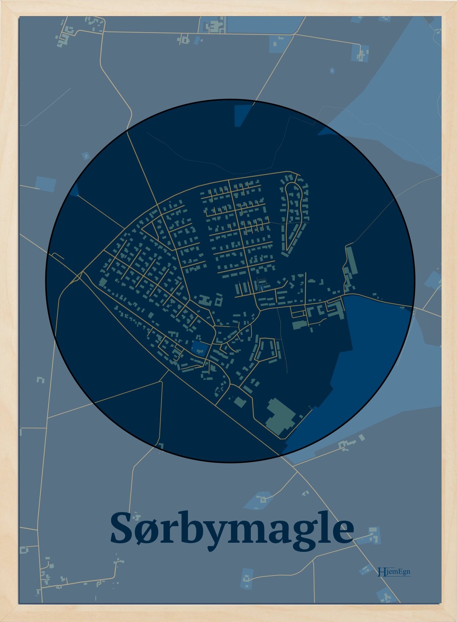 Sørbymagle plakat i farve mørk blå og HjemEgn.dk design centrum. Design bykort for Sørbymagle