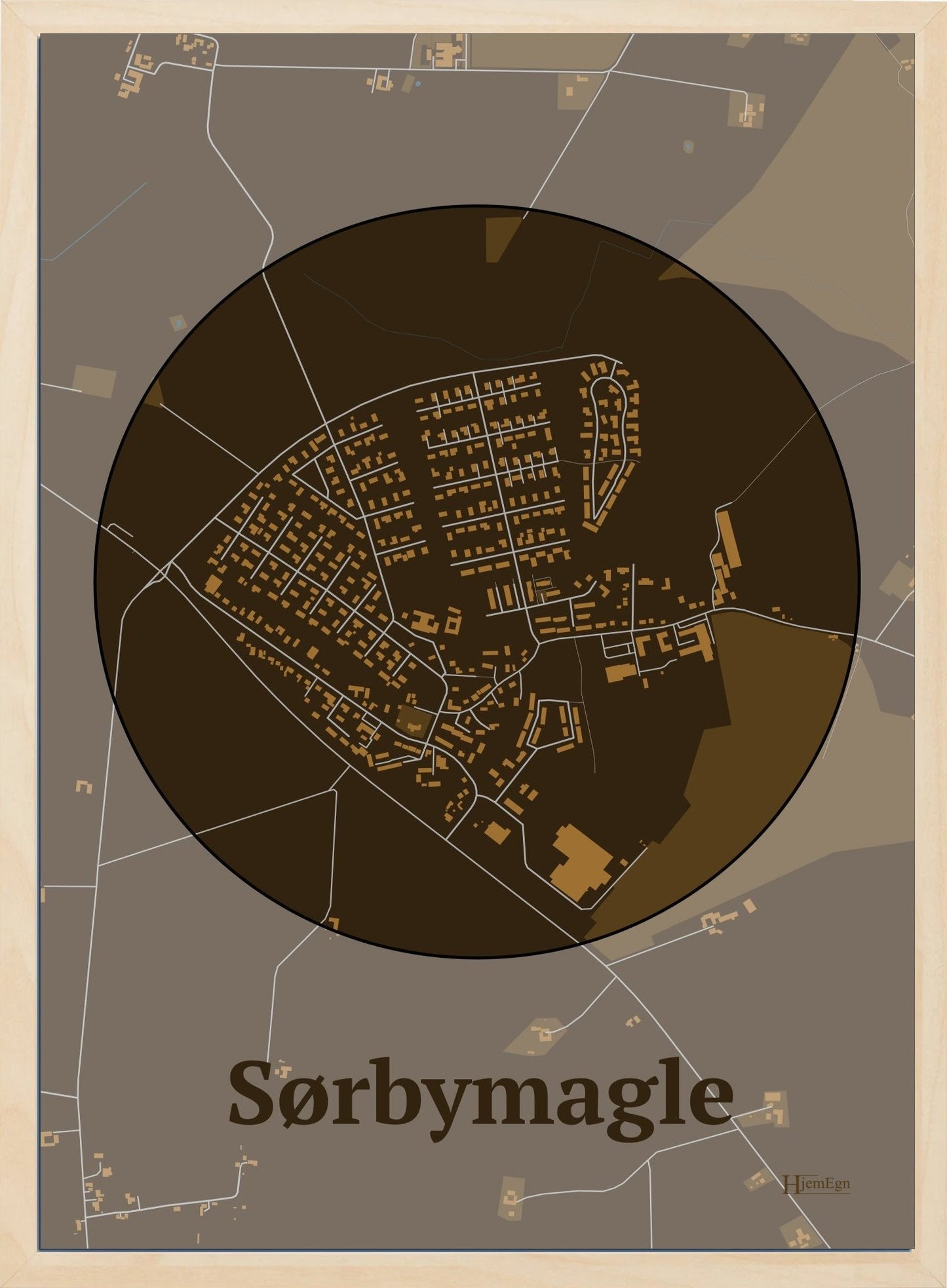 Sørbymagle plakat i farve mørk brun og HjemEgn.dk design centrum. Design bykort for Sørbymagle