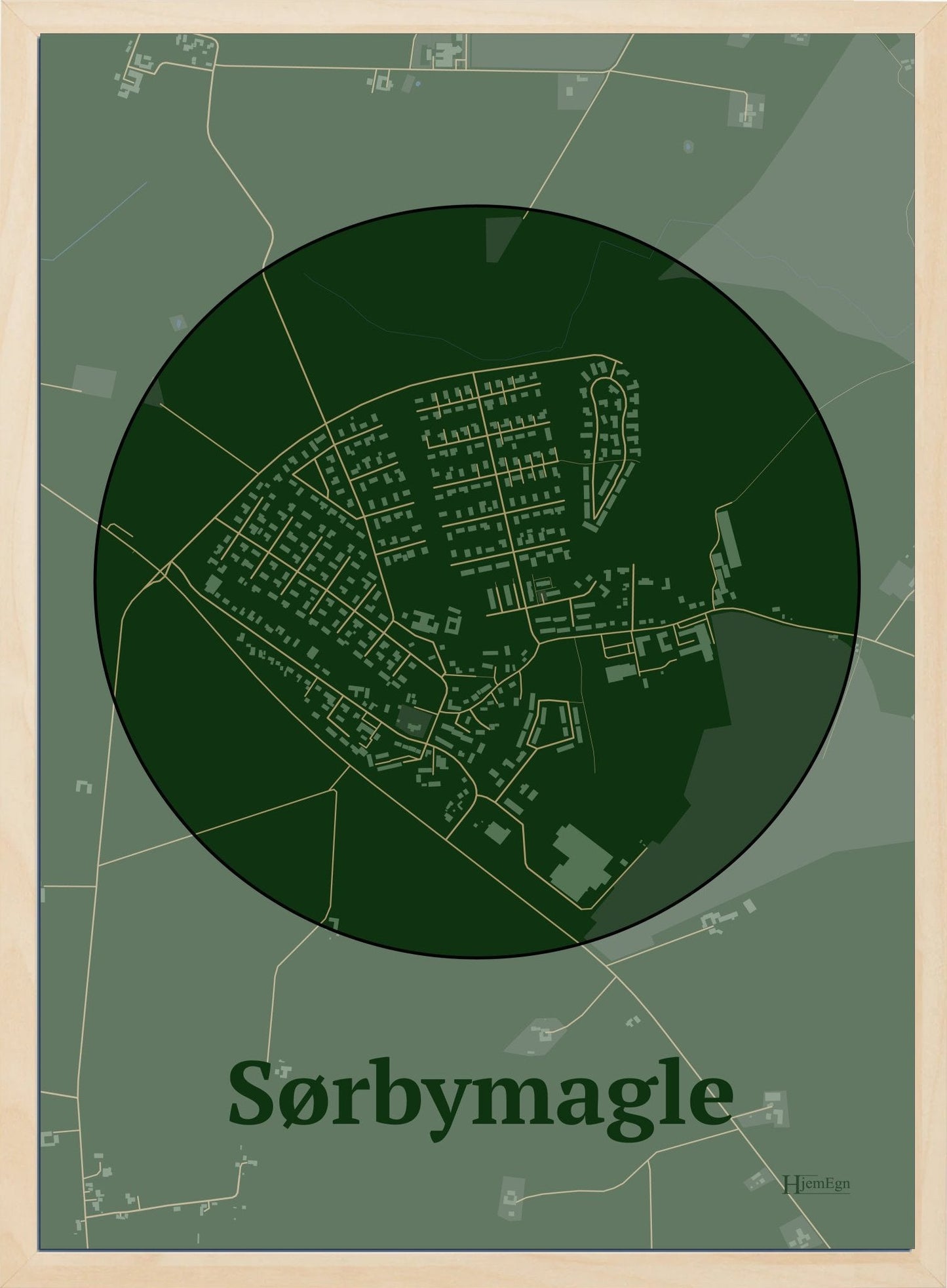 Sørbymagle plakat i farve mørk grøn og HjemEgn.dk design centrum. Design bykort for Sørbymagle
