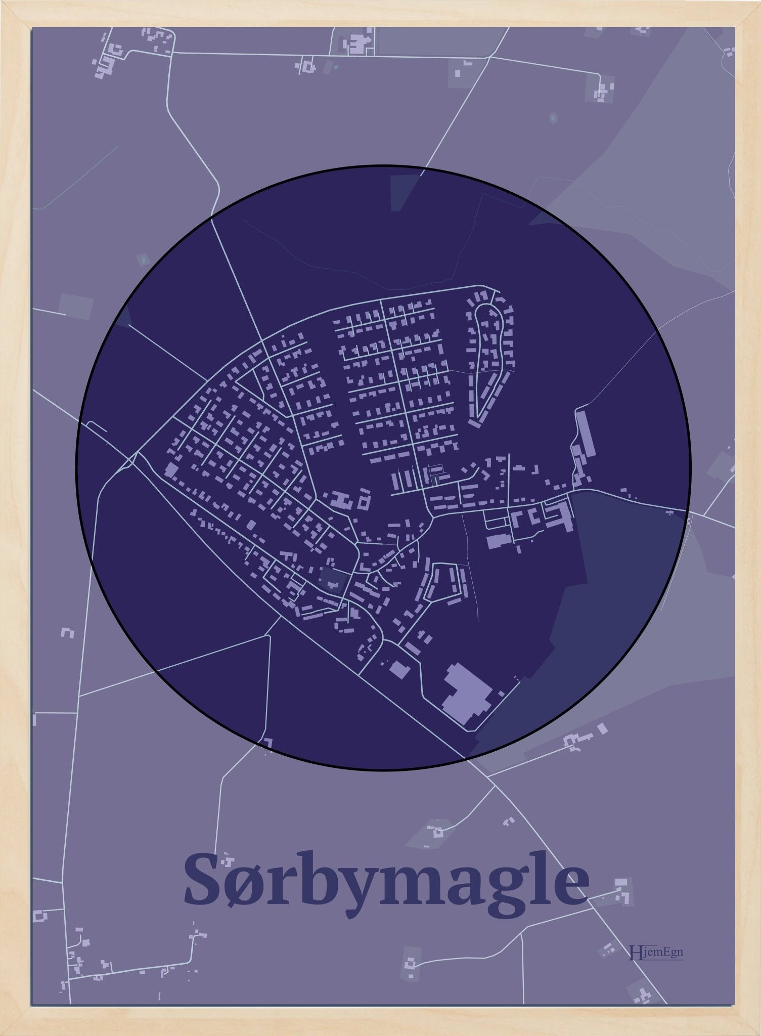 Sørbymagle plakat i farve mørk lilla og HjemEgn.dk design centrum. Design bykort for Sørbymagle
