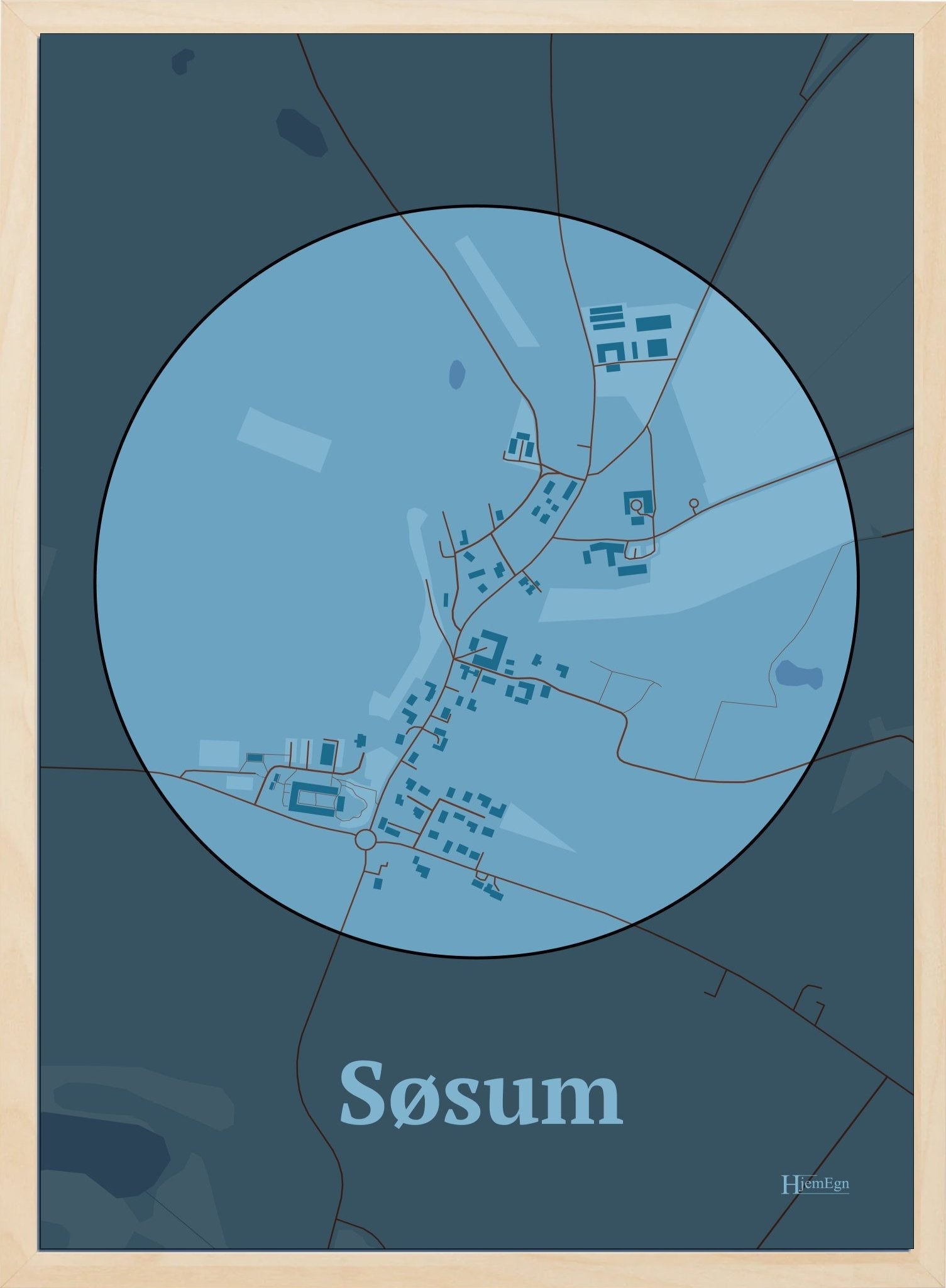 Søsum plakat i farve pastel blå og HjemEgn.dk design centrum. Design bykort for Søsum