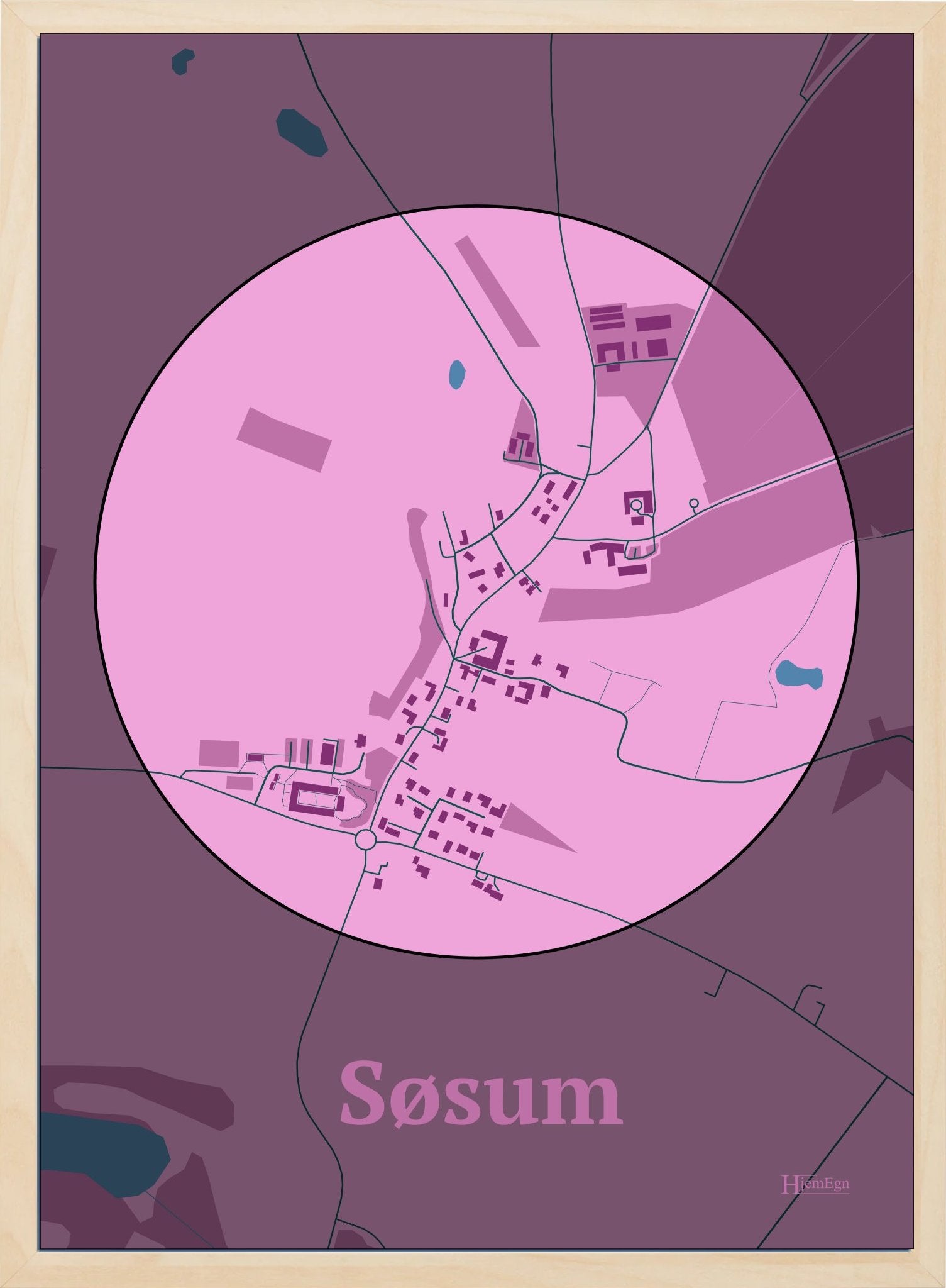 Søsum plakat i farve pastel rød og HjemEgn.dk design centrum. Design bykort for Søsum