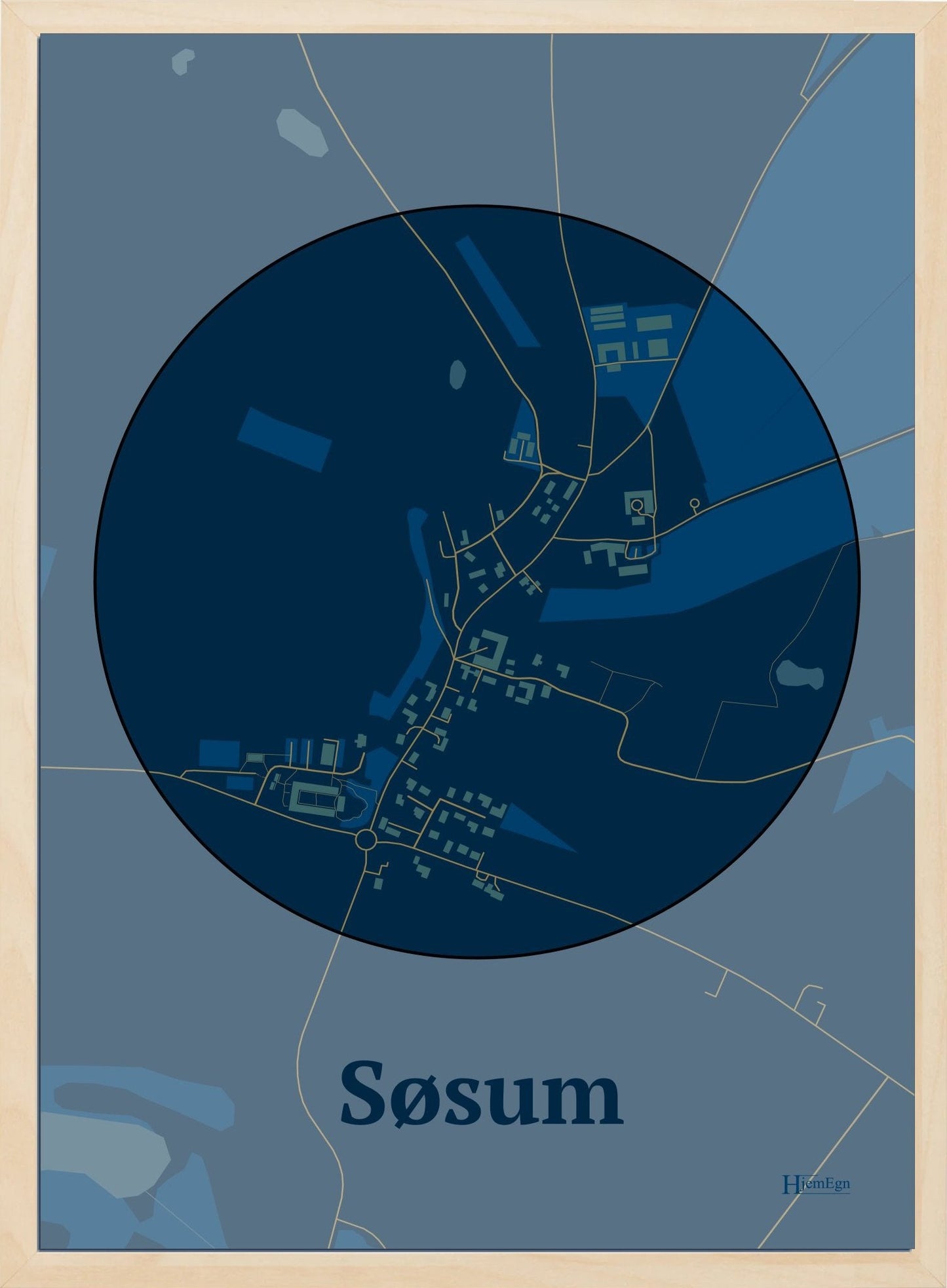 Søsum plakat i farve mørk blå og HjemEgn.dk design centrum. Design bykort for Søsum
