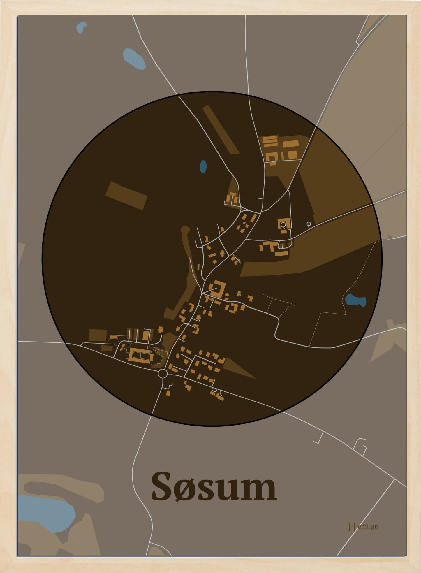 Søsum plakat i farve mørk brun og HjemEgn.dk design centrum. Design bykort for Søsum