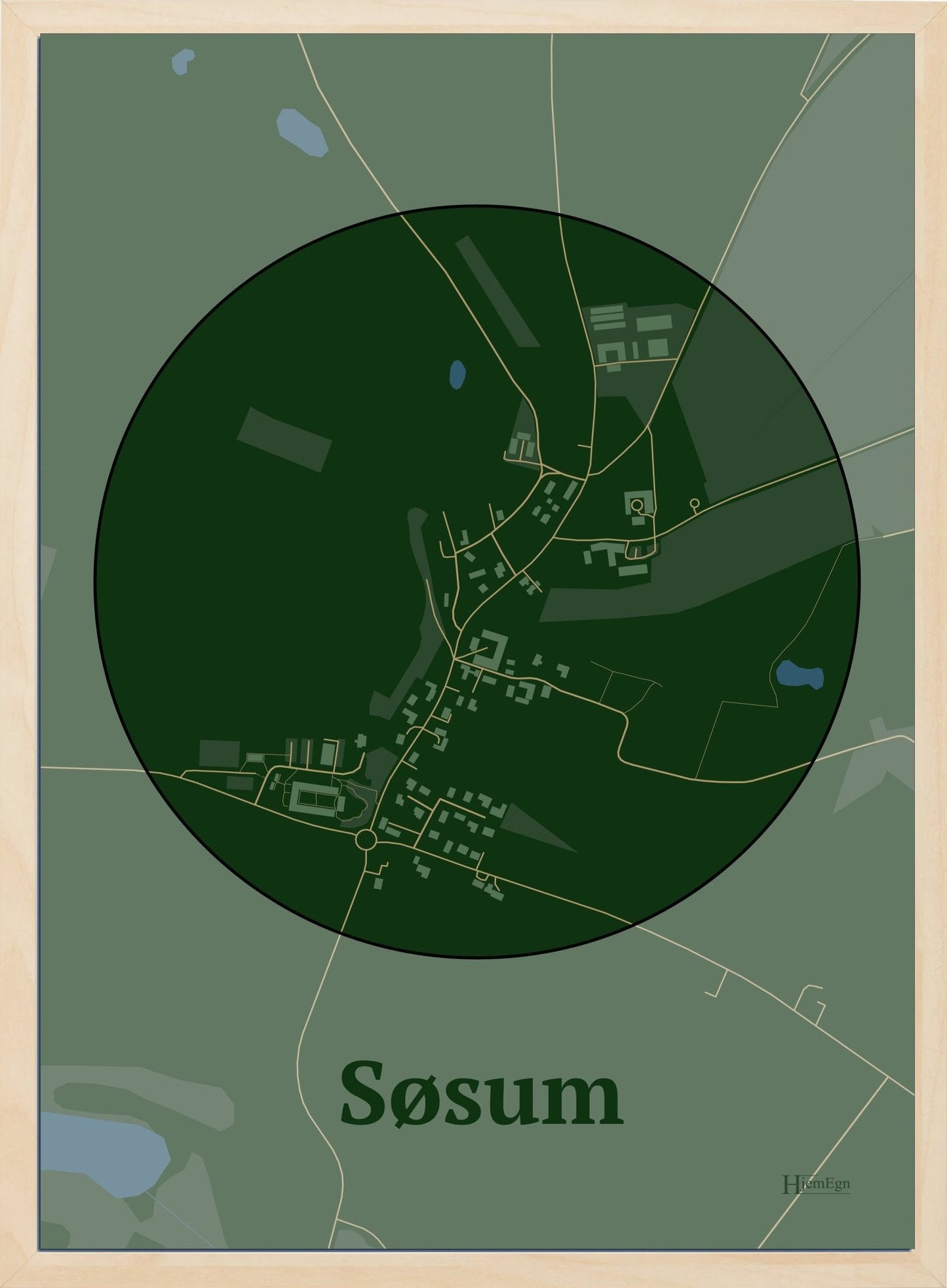 Søsum plakat i farve mørk grøn og HjemEgn.dk design centrum. Design bykort for Søsum