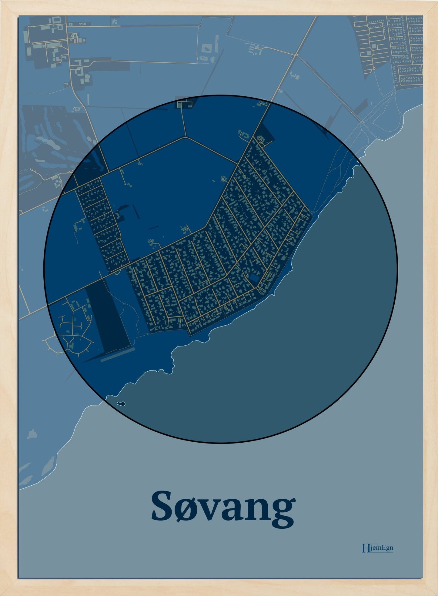 Søvang plakat i farve mørk blå og HjemEgn.dk design centrum. Design bykort for Søvang
