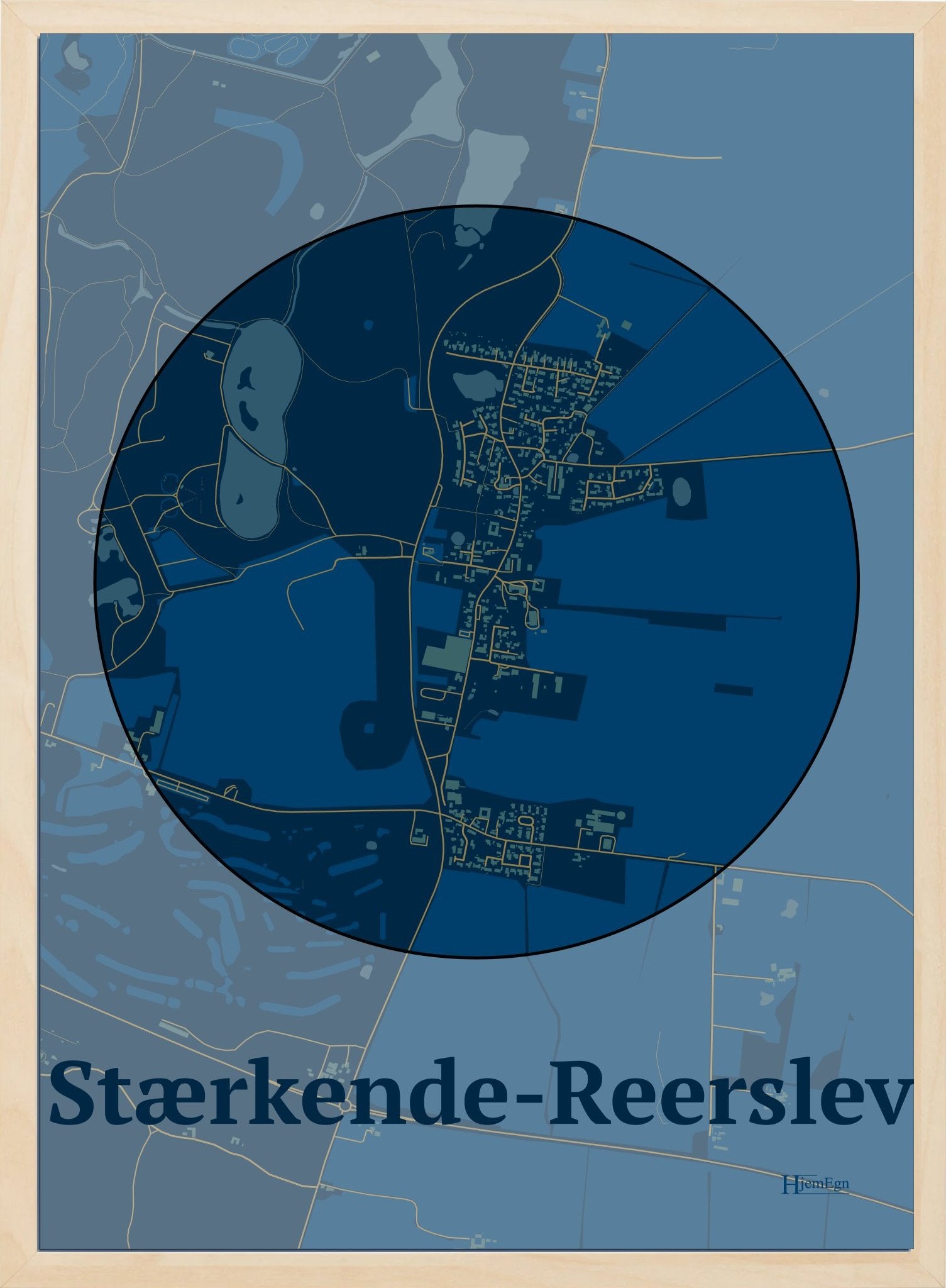 Stærkende-reerslev plakat i farve mørk blå og HjemEgn.dk design centrum. Design bykort for Stærkende-reerslev
