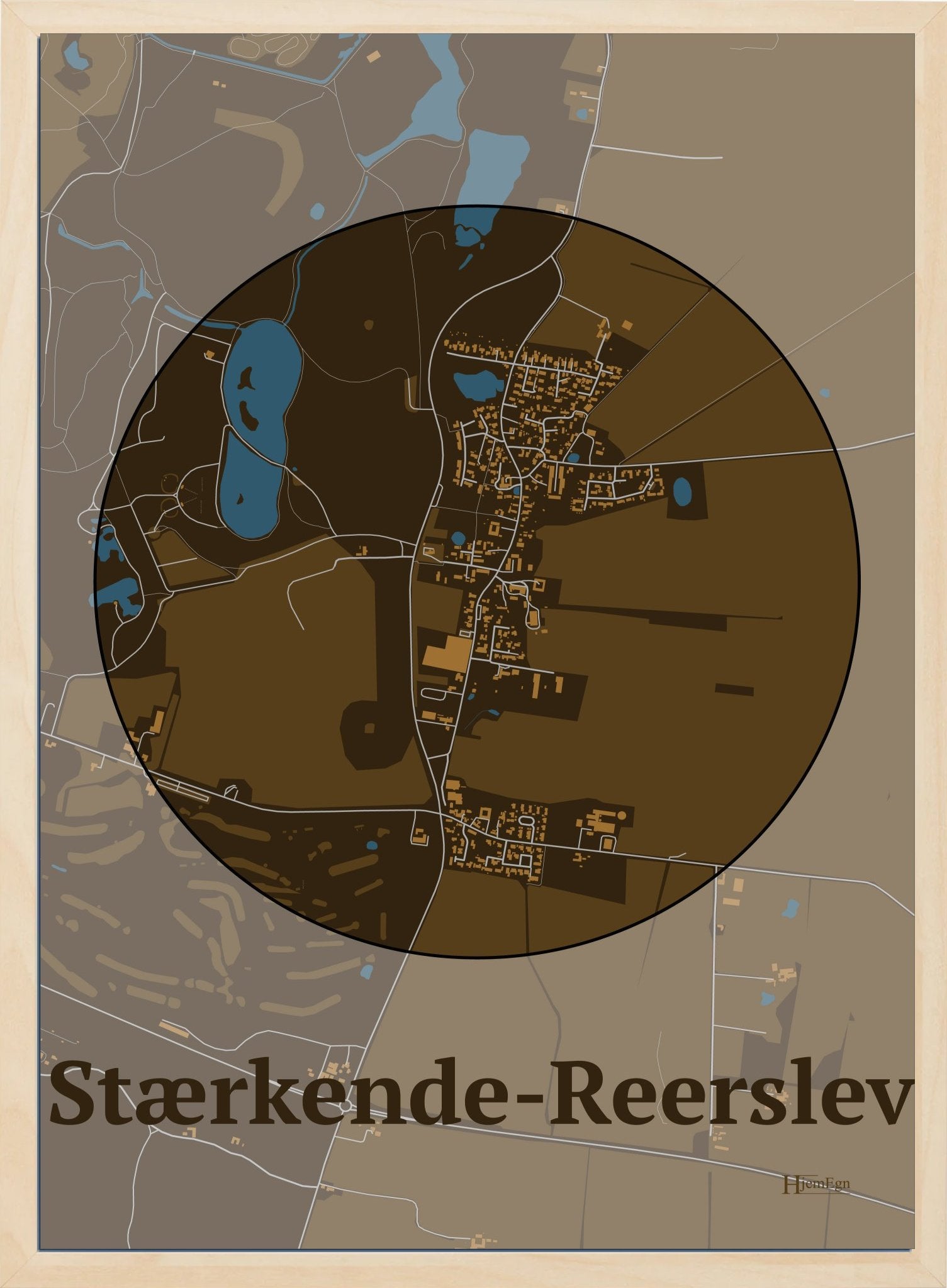 Stærkende-reerslev plakat i farve mørk brun og HjemEgn.dk design centrum. Design bykort for Stærkende-reerslev
