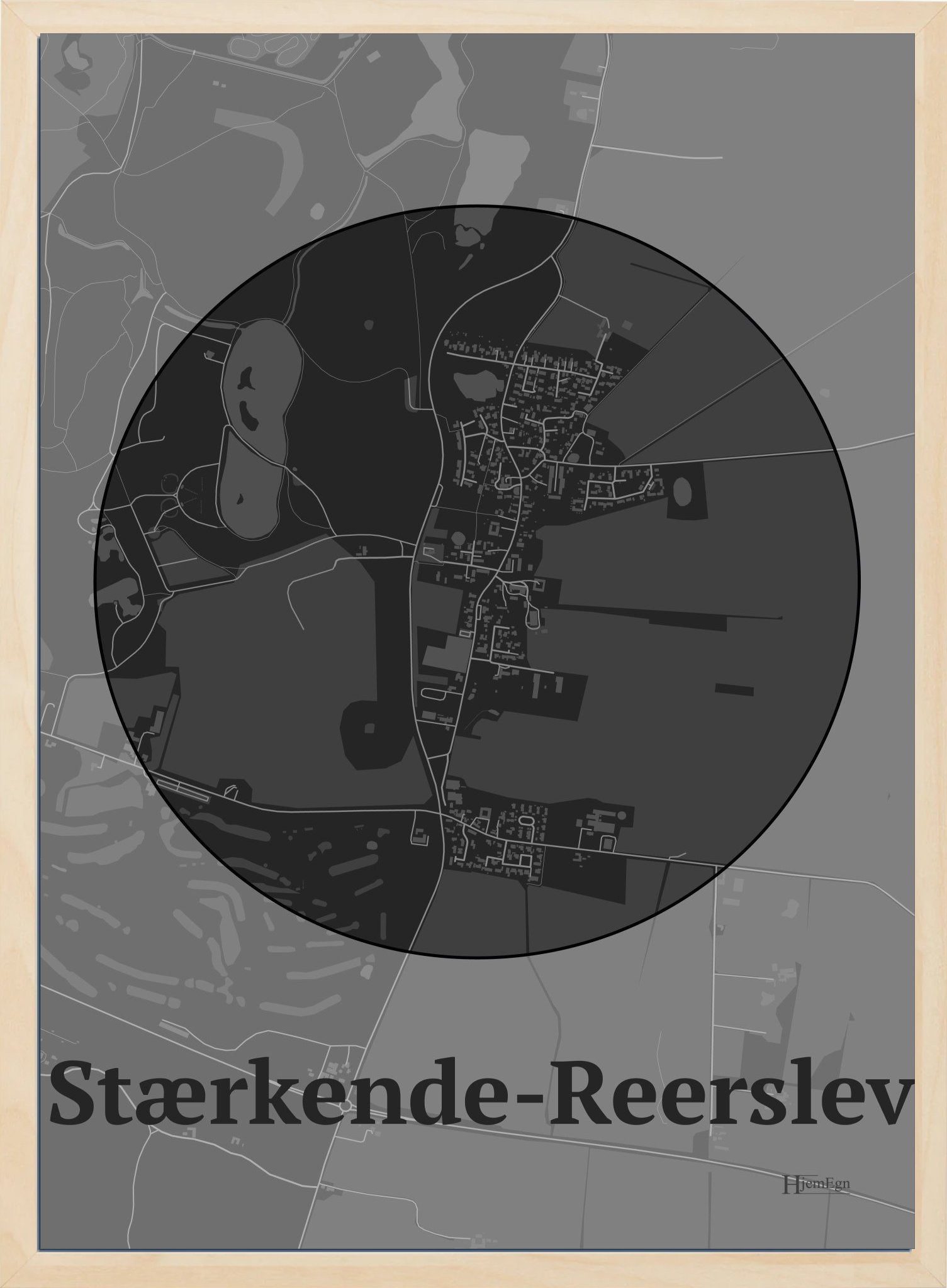 Stærkende-reerslev plakat i farve mørk grå og HjemEgn.dk design centrum. Design bykort for Stærkende-reerslev