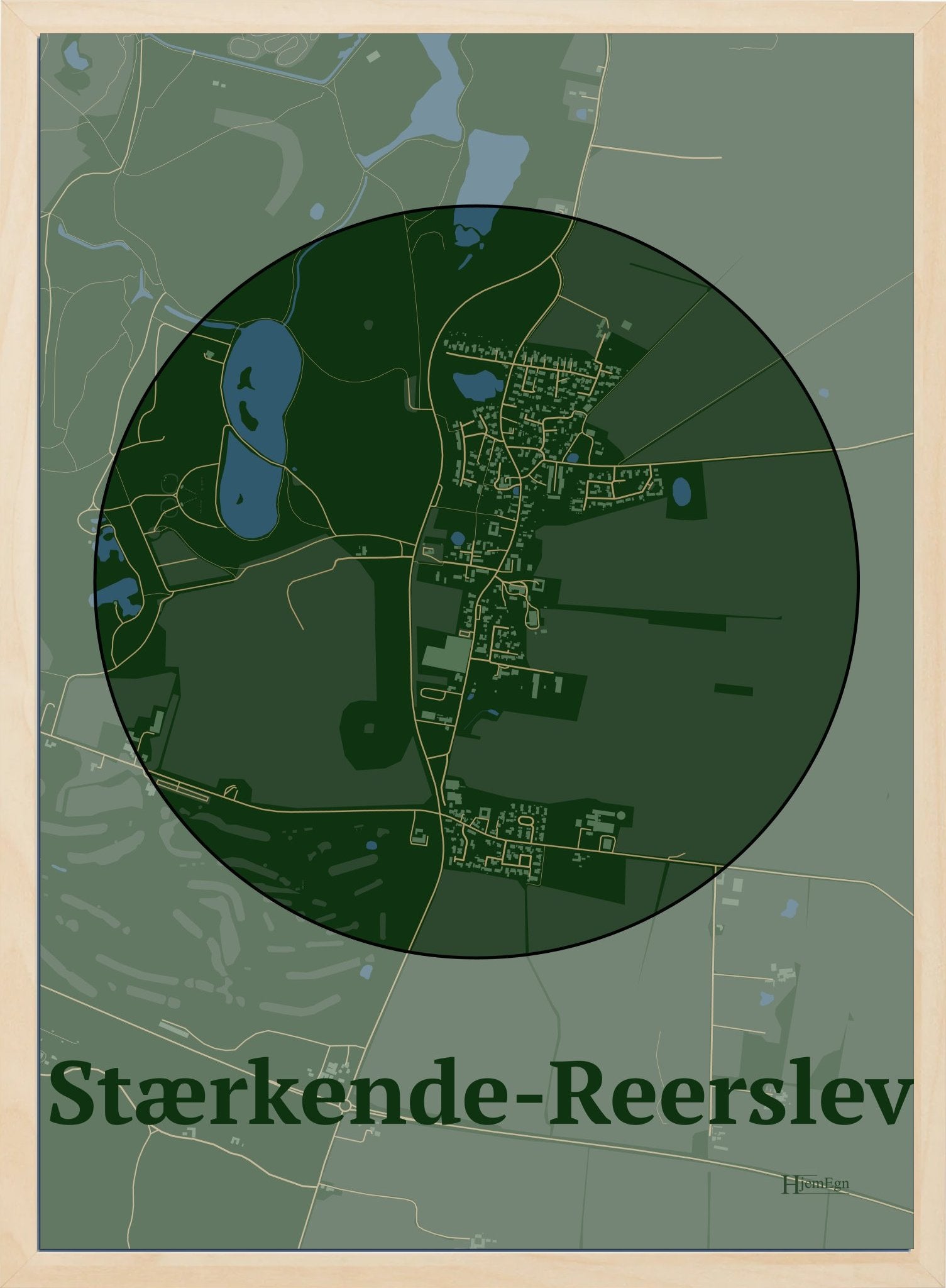 Stærkende-reerslev plakat i farve mørk grøn og HjemEgn.dk design centrum. Design bykort for Stærkende-reerslev