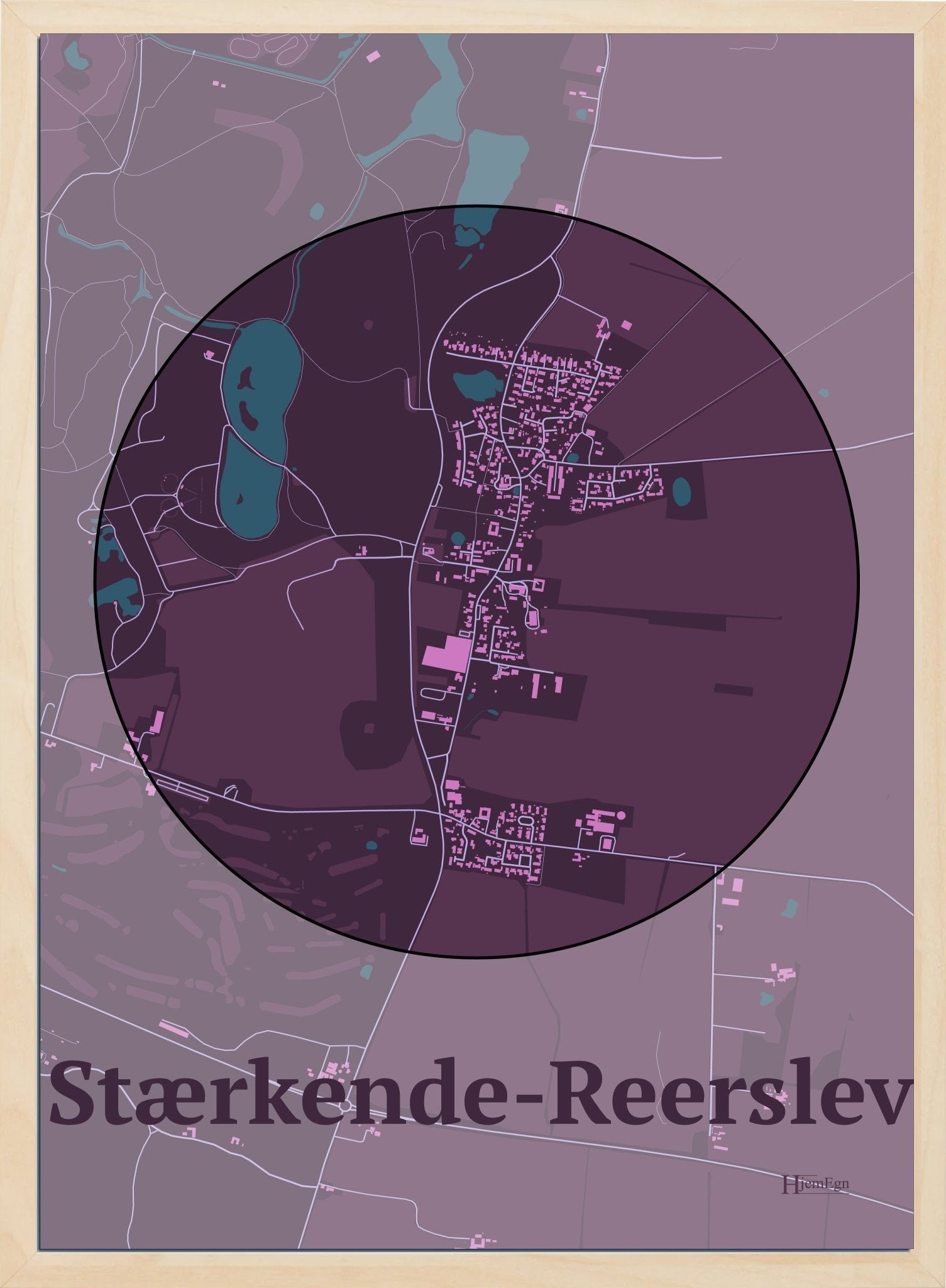 Stærkende-reerslev plakat i farve mørk rød og HjemEgn.dk design centrum. Design bykort for Stærkende-reerslev