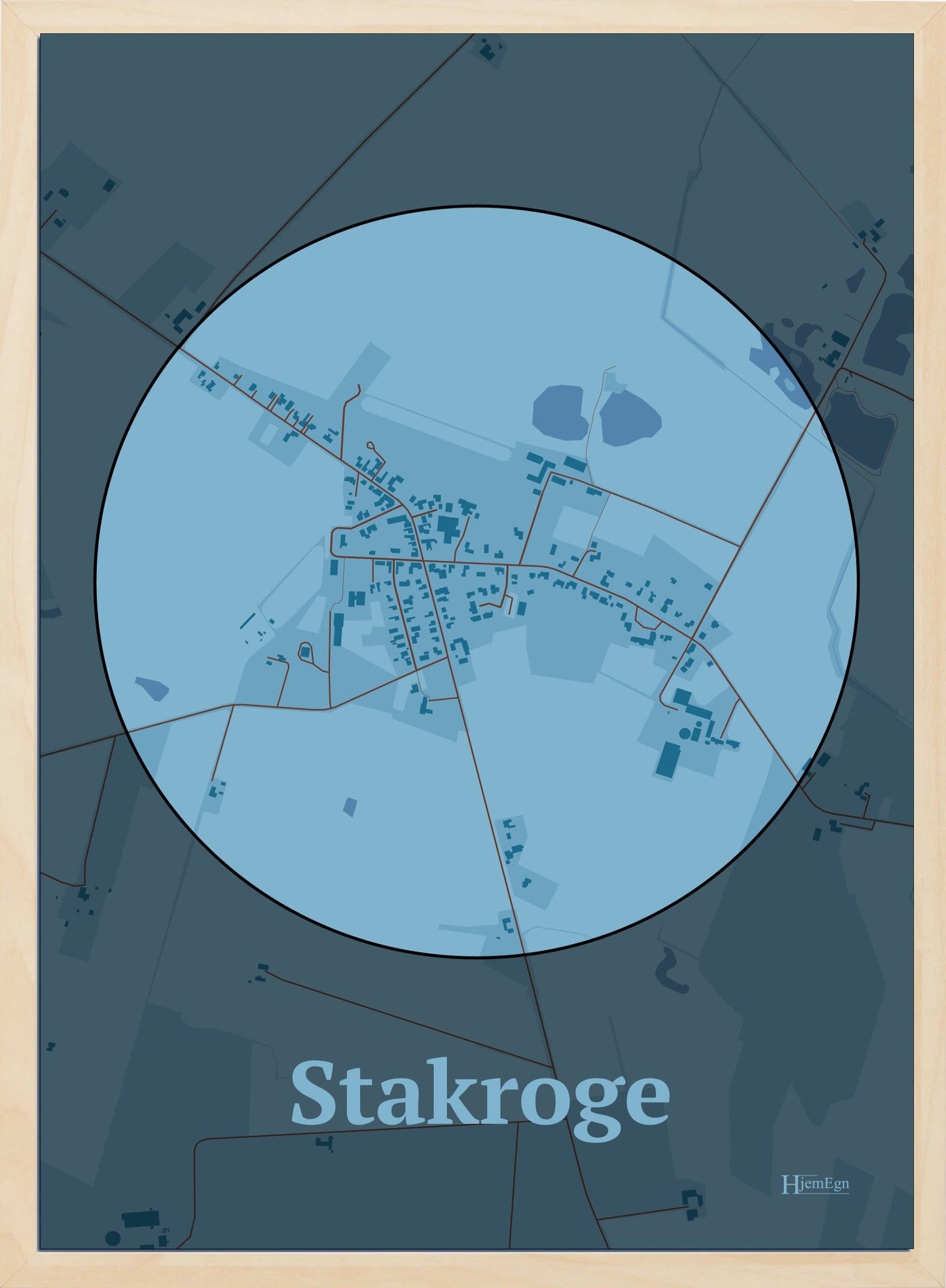 Stakroge plakat i farve pastel blå og HjemEgn.dk design centrum. Design bykort for Stakroge