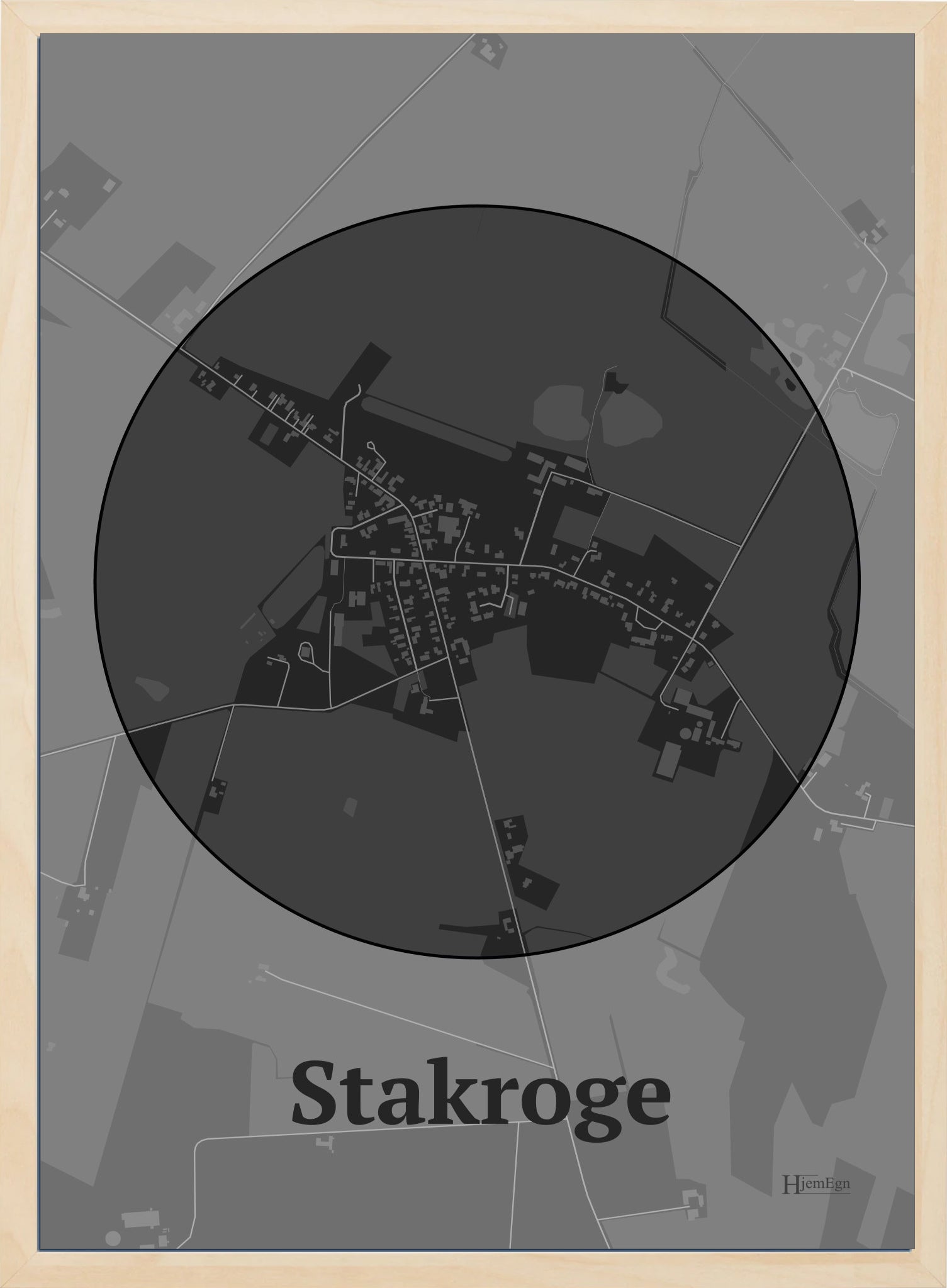 Stakroge plakat i farve mørk grå og HjemEgn.dk design centrum. Design bykort for Stakroge