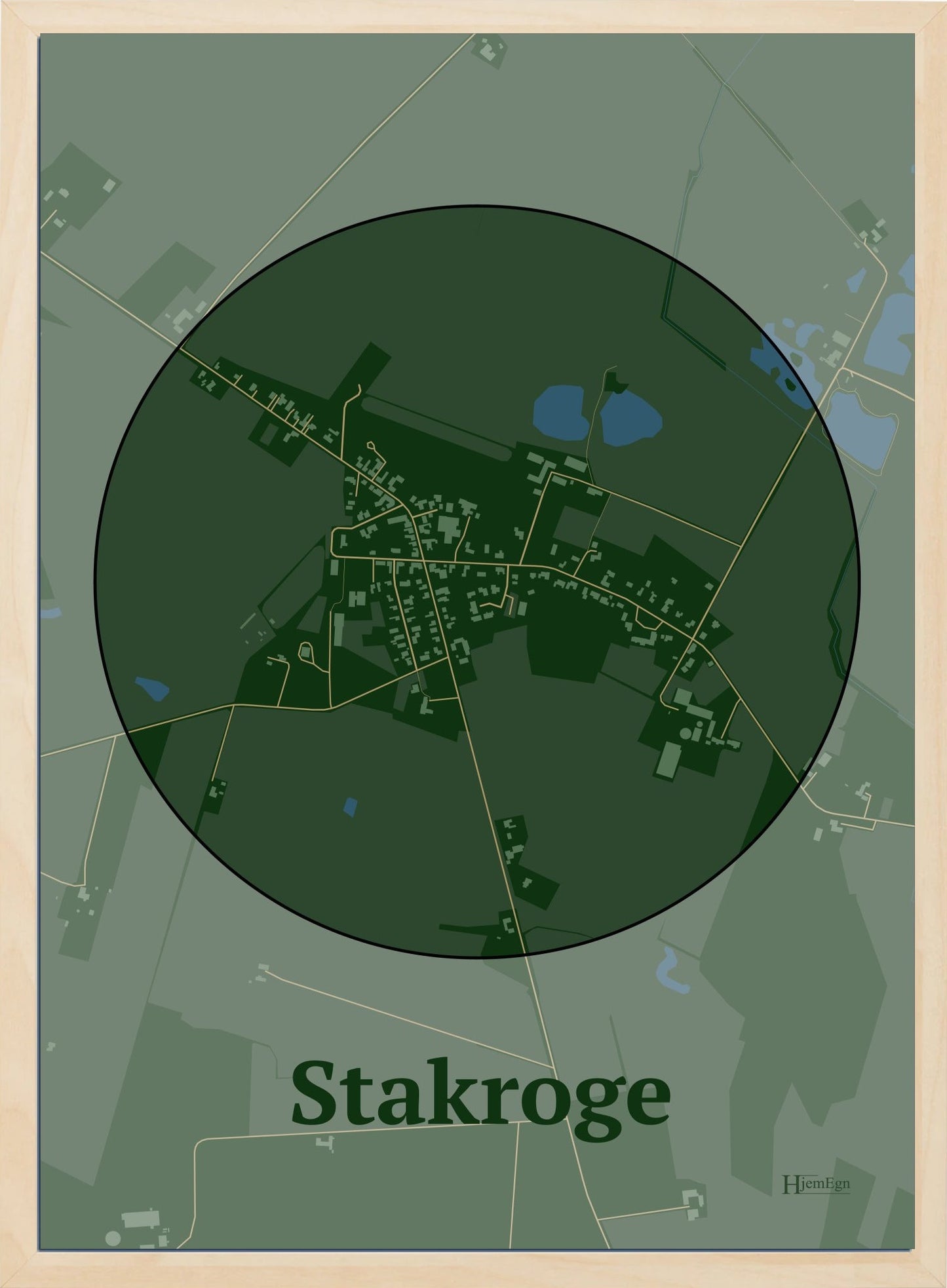 Stakroge plakat i farve mørk grøn og HjemEgn.dk design centrum. Design bykort for Stakroge