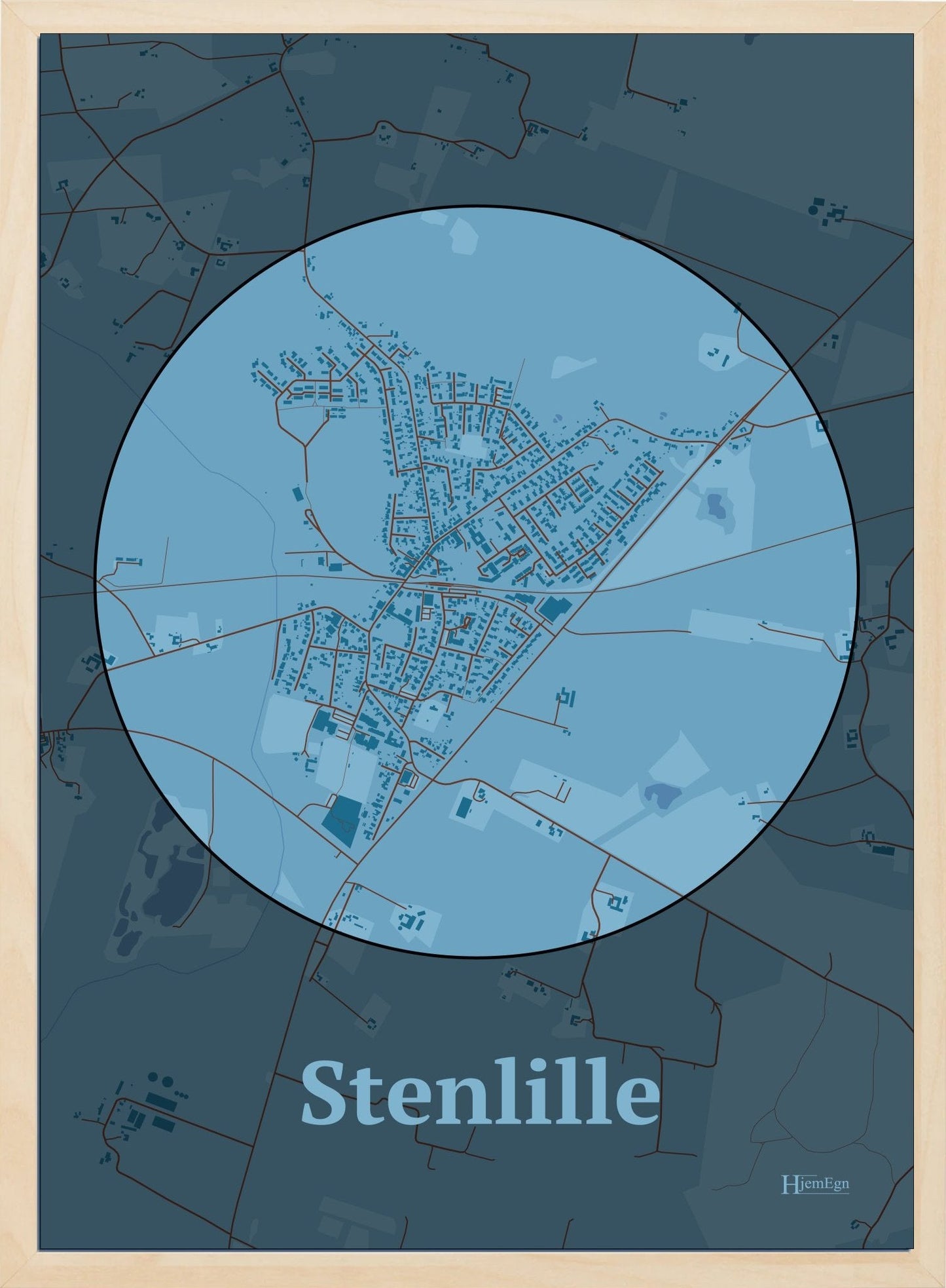Stenlille plakat i farve pastel blå og HjemEgn.dk design centrum. Design bykort for Stenlille