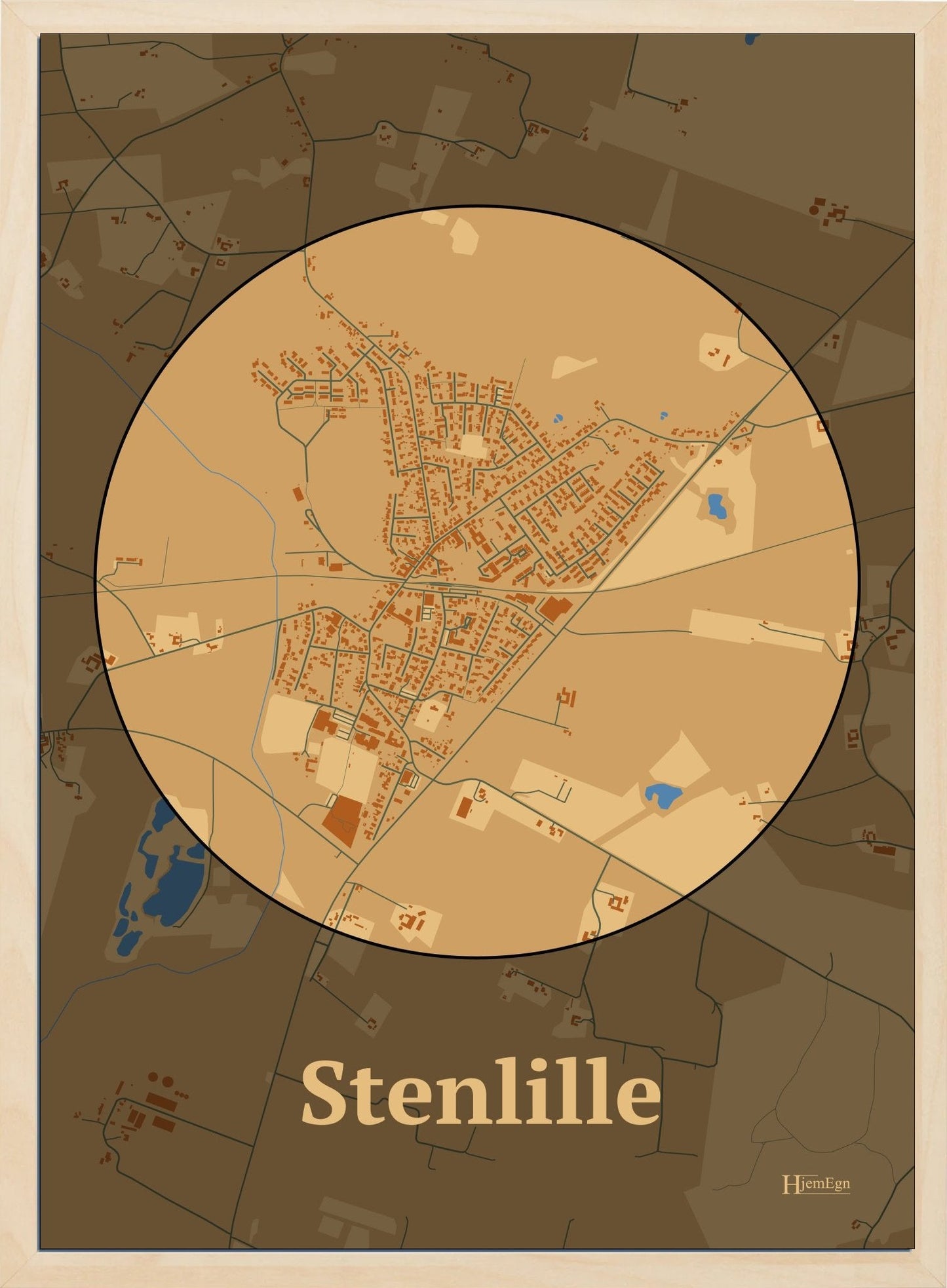 Stenlille plakat i farve pastel brun og HjemEgn.dk design centrum. Design bykort for Stenlille