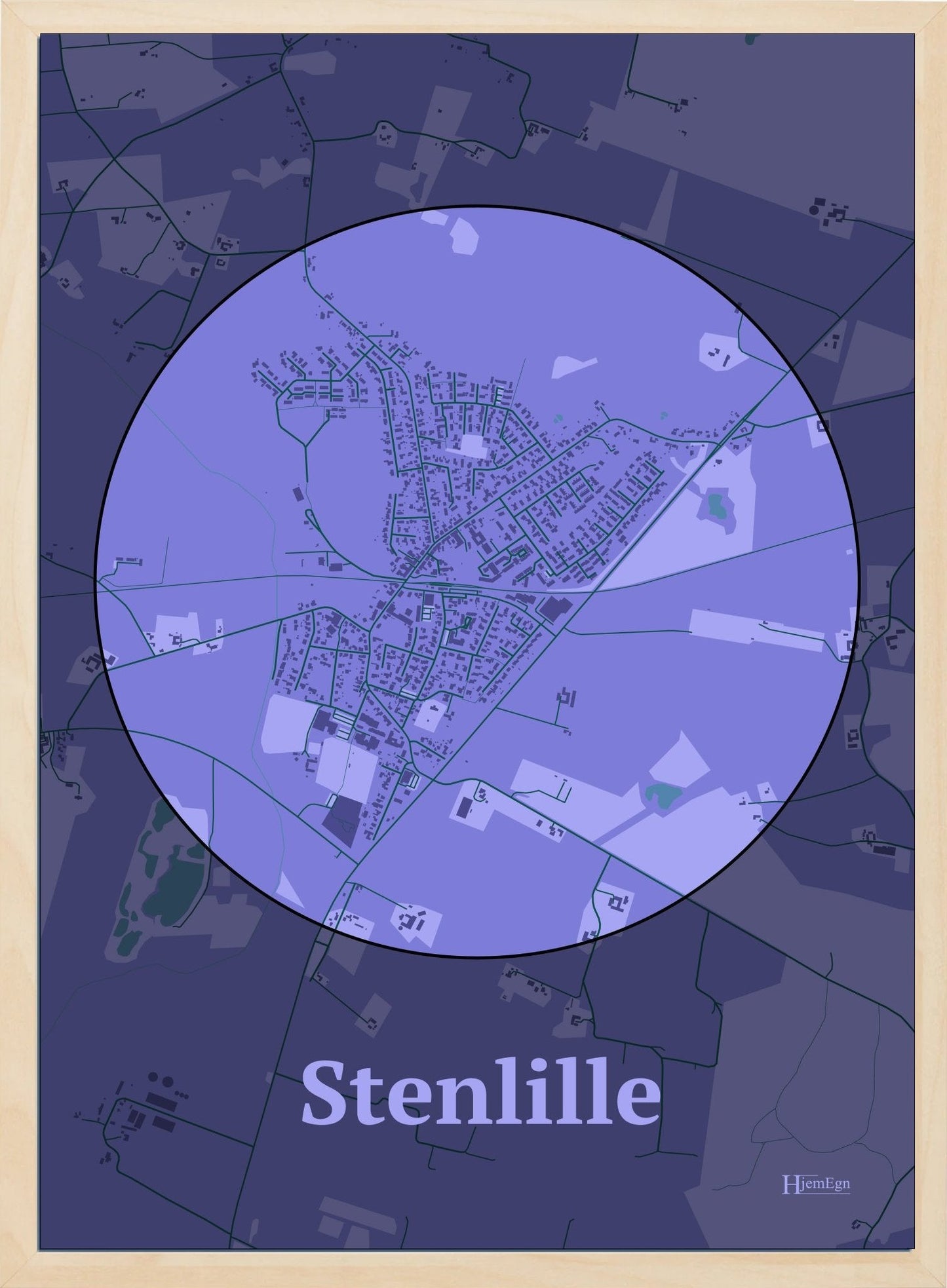 Stenlille plakat i farve pastel lilla og HjemEgn.dk design centrum. Design bykort for Stenlille