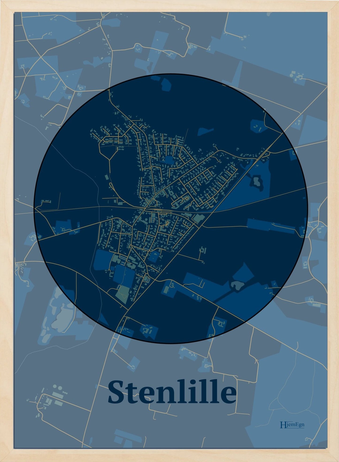 Stenlille plakat i farve mørk blå og HjemEgn.dk design centrum. Design bykort for Stenlille