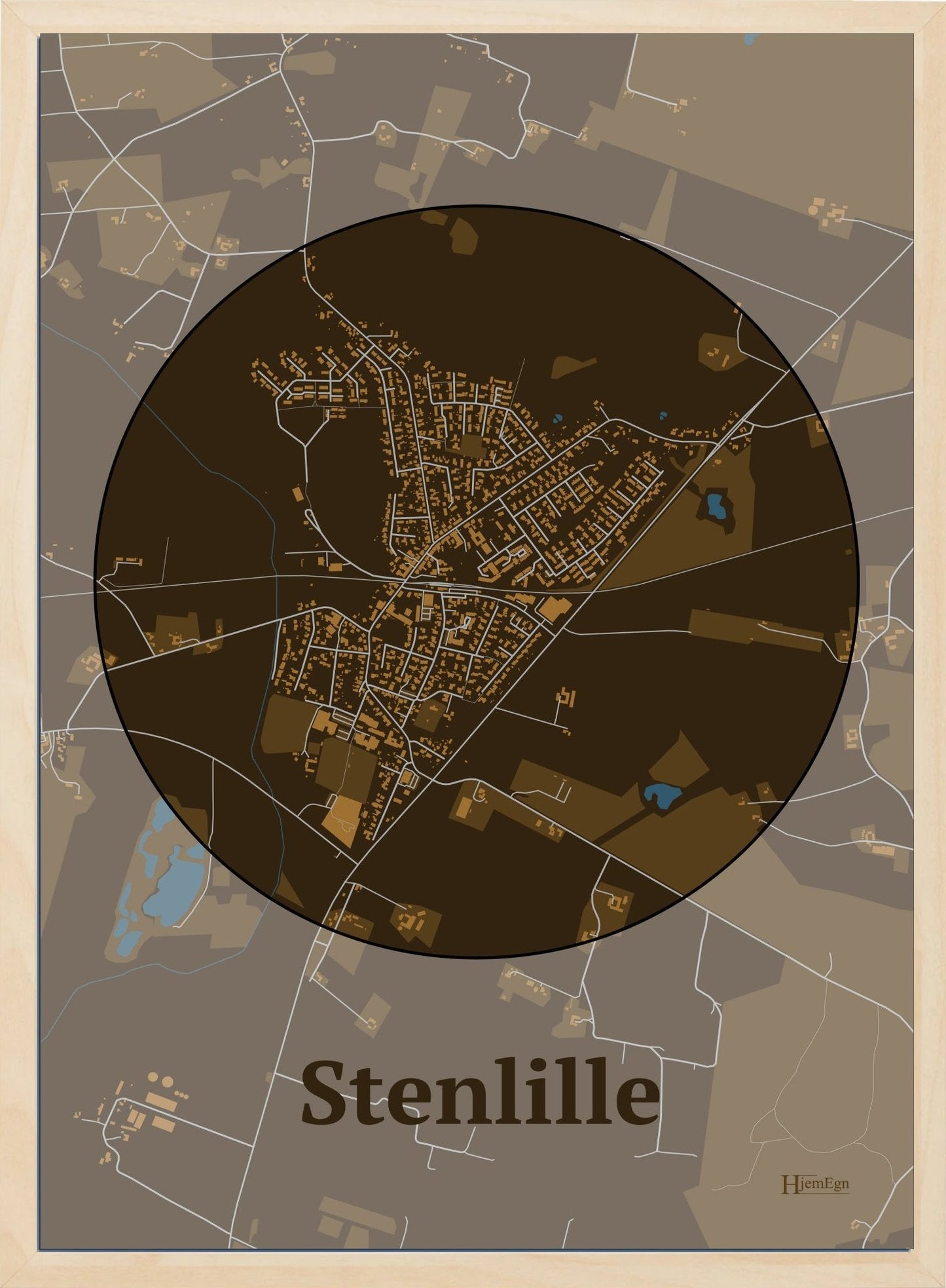 Stenlille plakat i farve mørk brun og HjemEgn.dk design centrum. Design bykort for Stenlille