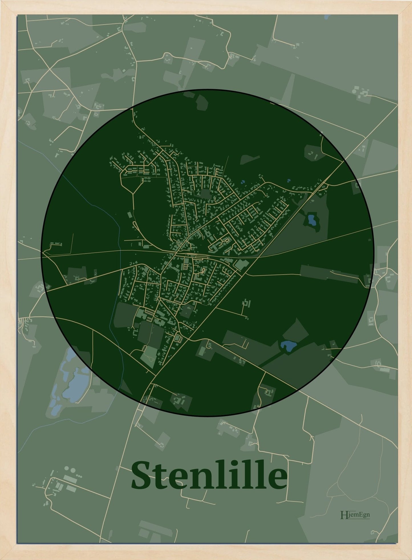 Stenlille plakat i farve mørk grøn og HjemEgn.dk design centrum. Design bykort for Stenlille