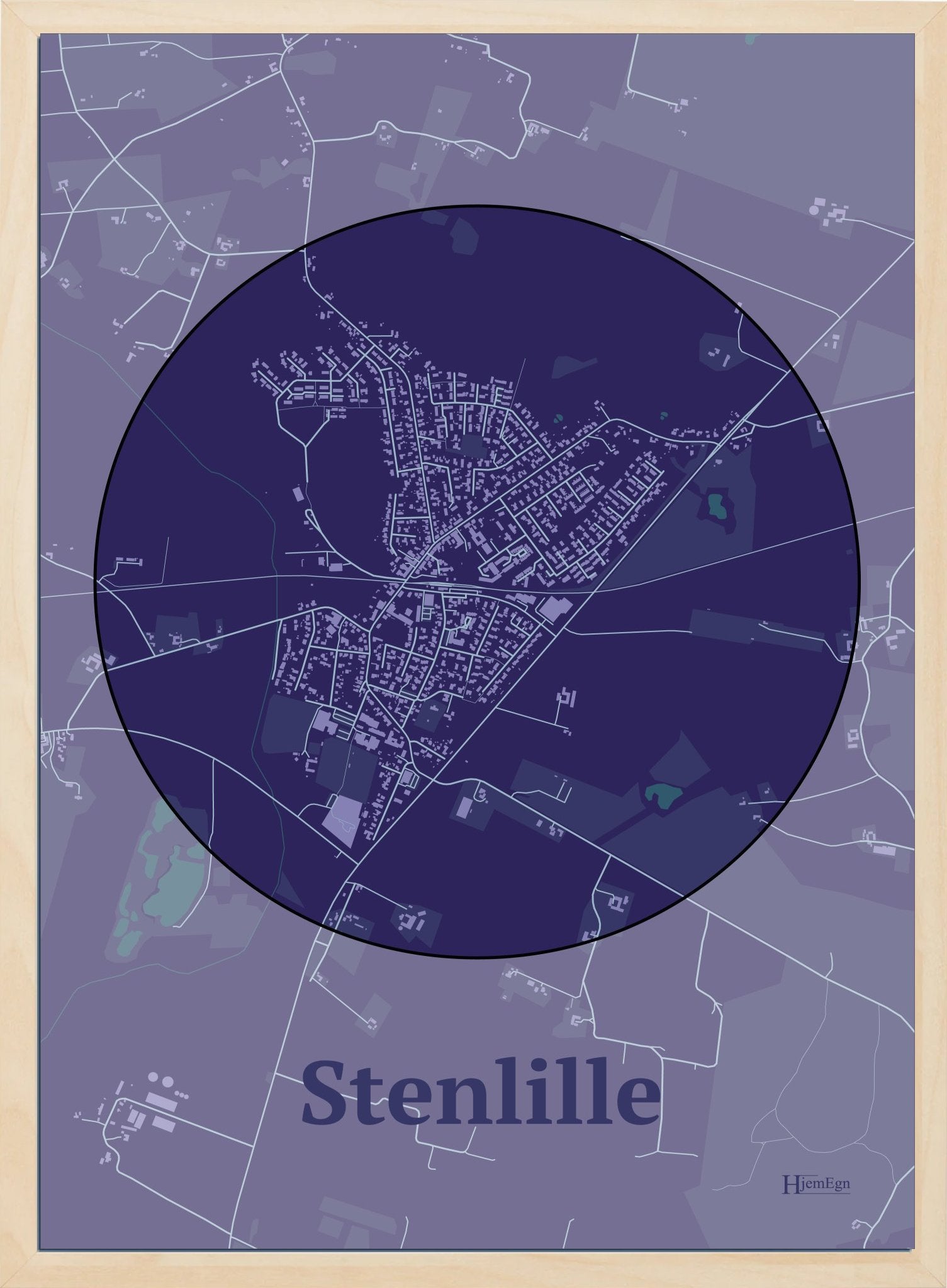 Stenlille plakat i farve mørk lilla og HjemEgn.dk design centrum. Design bykort for Stenlille