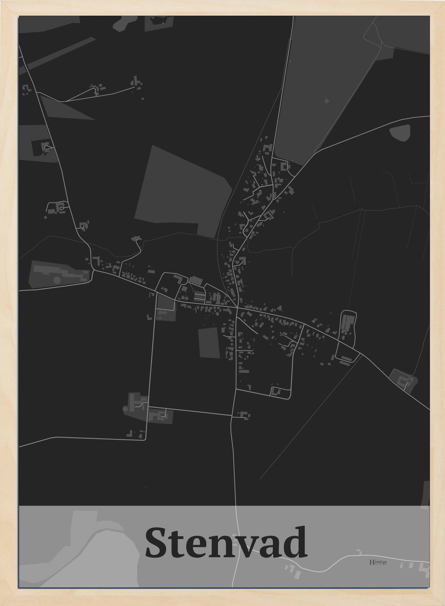 Stenvad plakat i farve mørk grå og HjemEgn.dk design firkantet. Design bykort for Stenvad