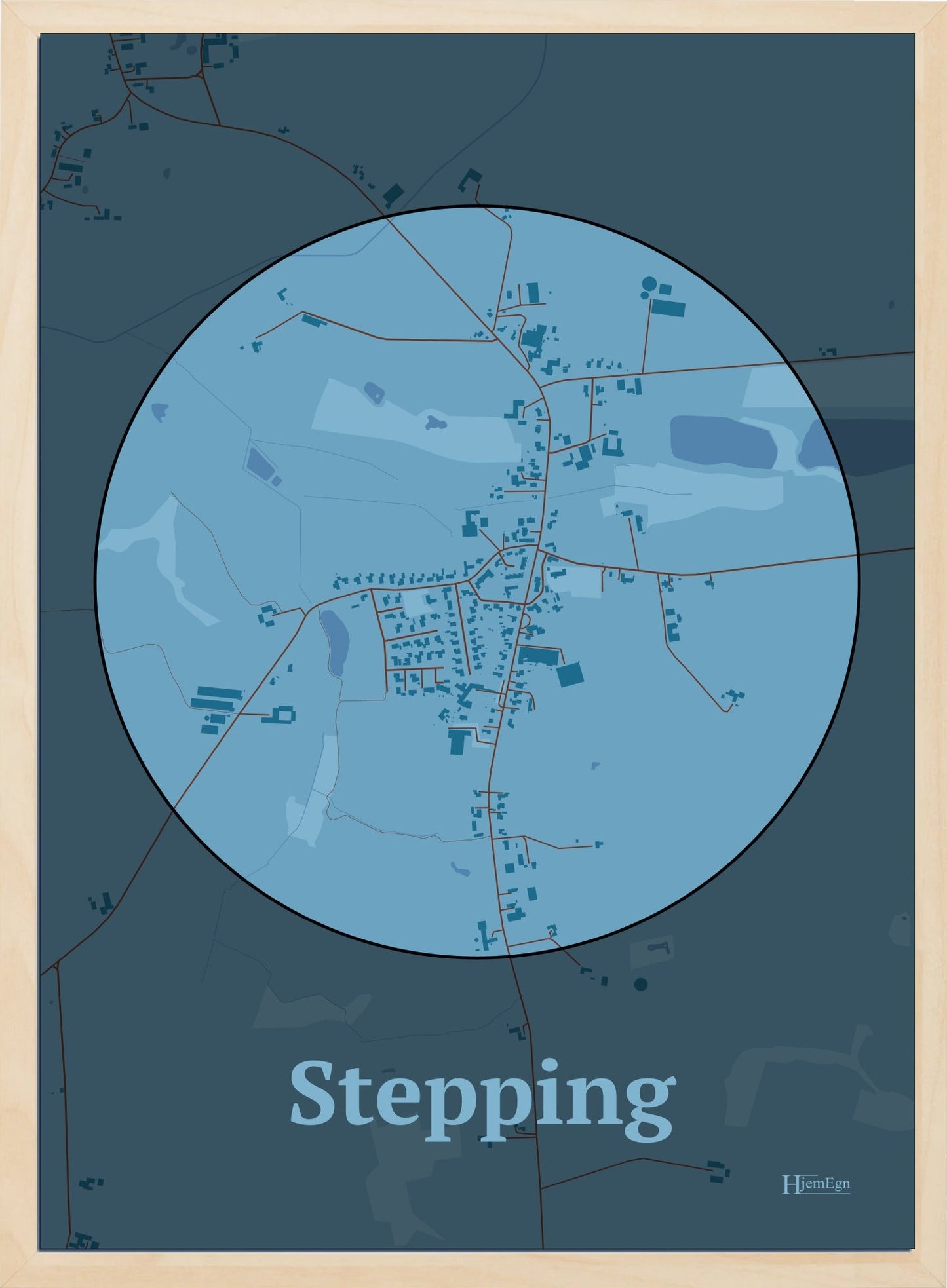 Stepping plakat i farve pastel blå og HjemEgn.dk design centrum. Design bykort for Stepping