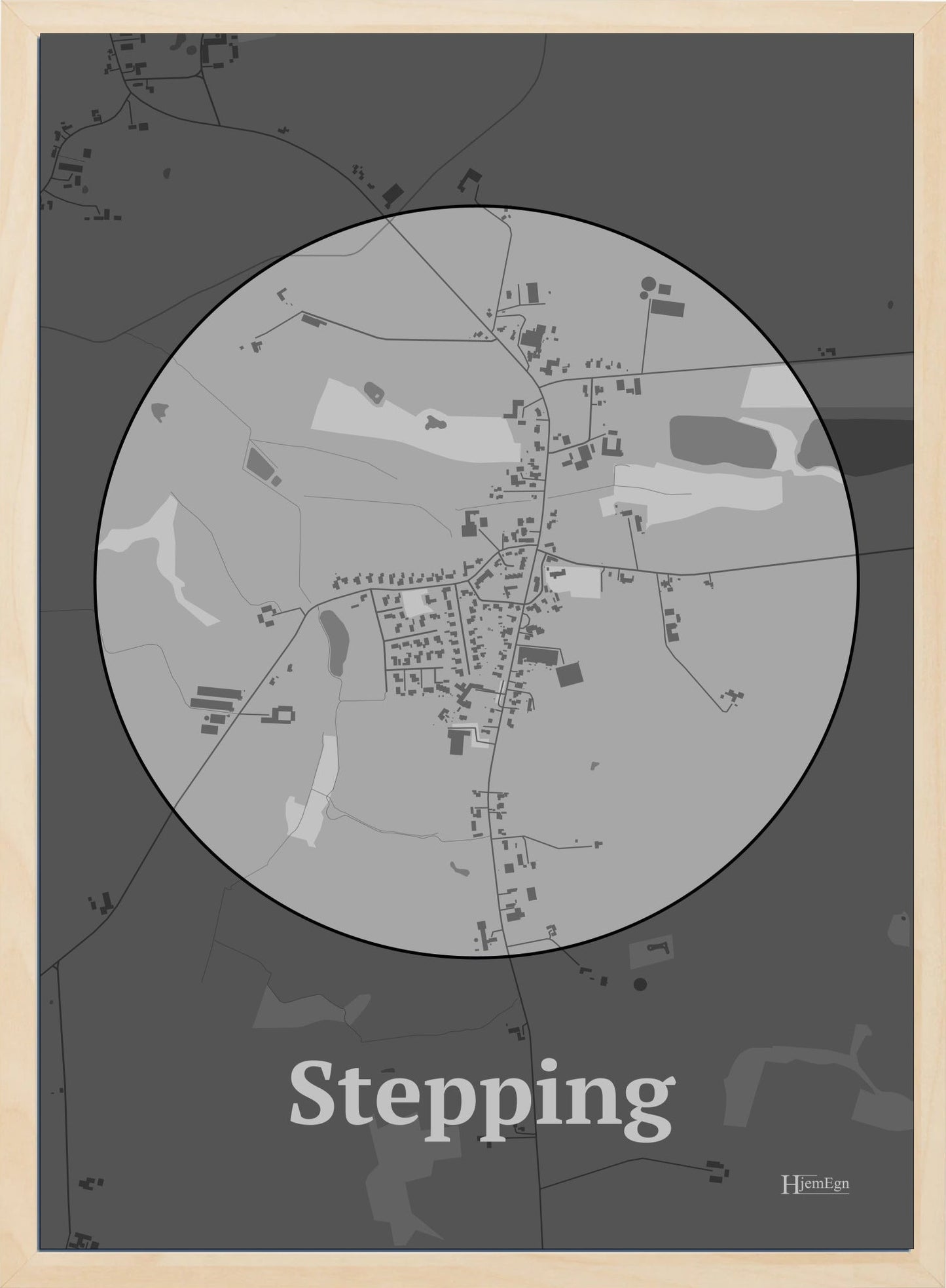Stepping plakat i farve pastel grå og HjemEgn.dk design centrum. Design bykort for Stepping