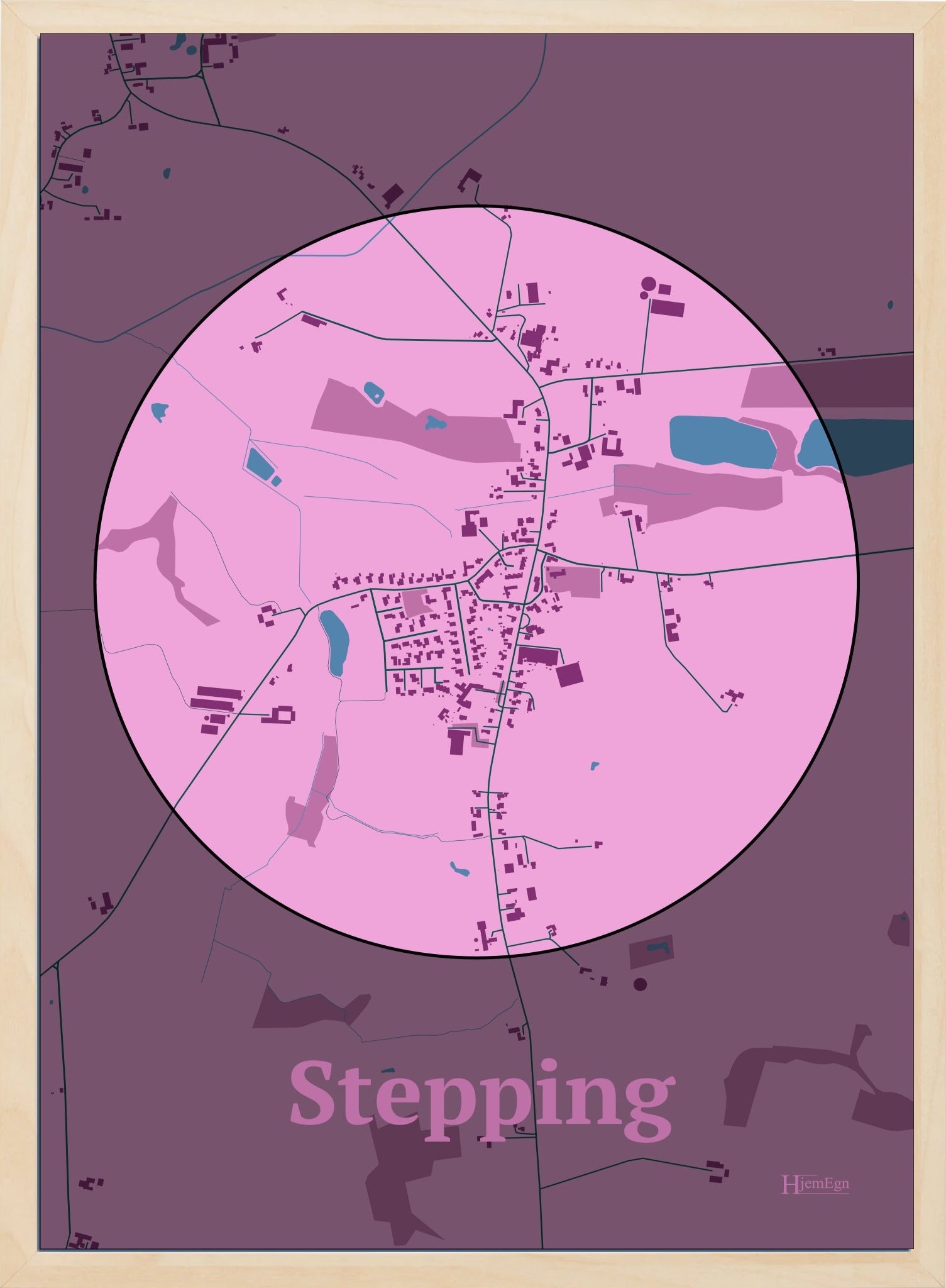 Stepping plakat i farve pastel rød og HjemEgn.dk design centrum. Design bykort for Stepping