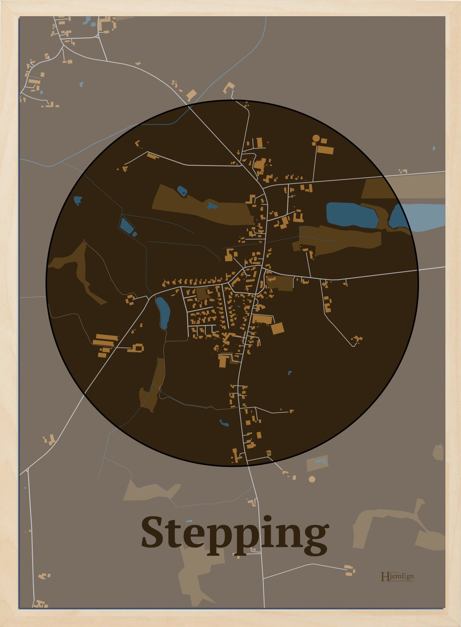 Stepping plakat i farve mørk brun og HjemEgn.dk design centrum. Design bykort for Stepping