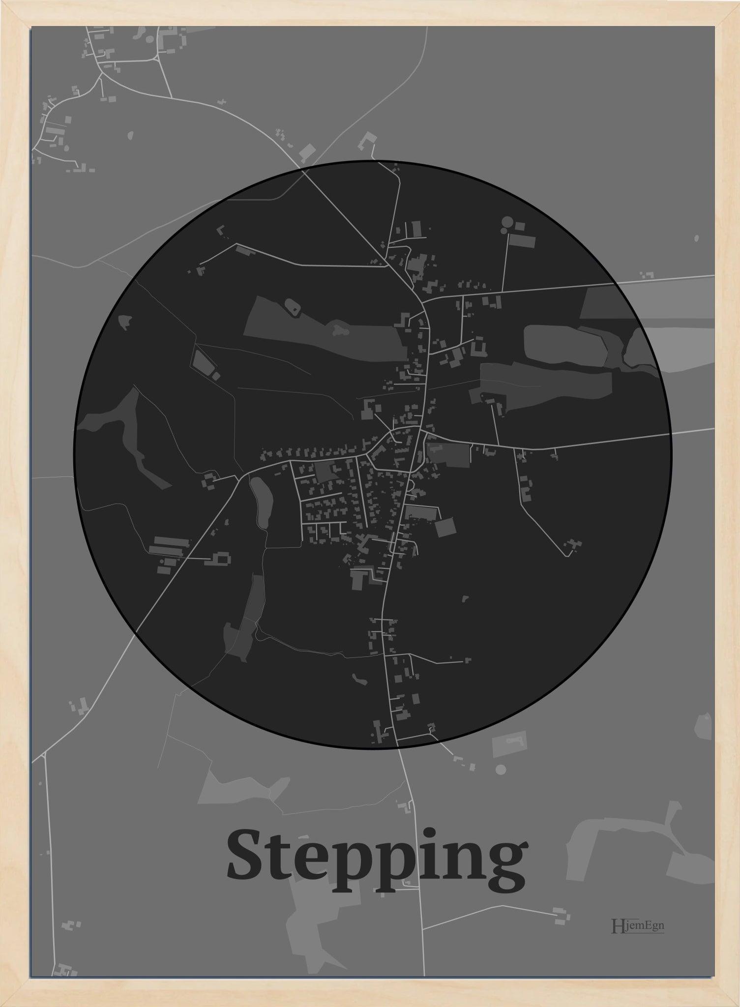 Stepping plakat i farve mørk grå og HjemEgn.dk design centrum. Design bykort for Stepping