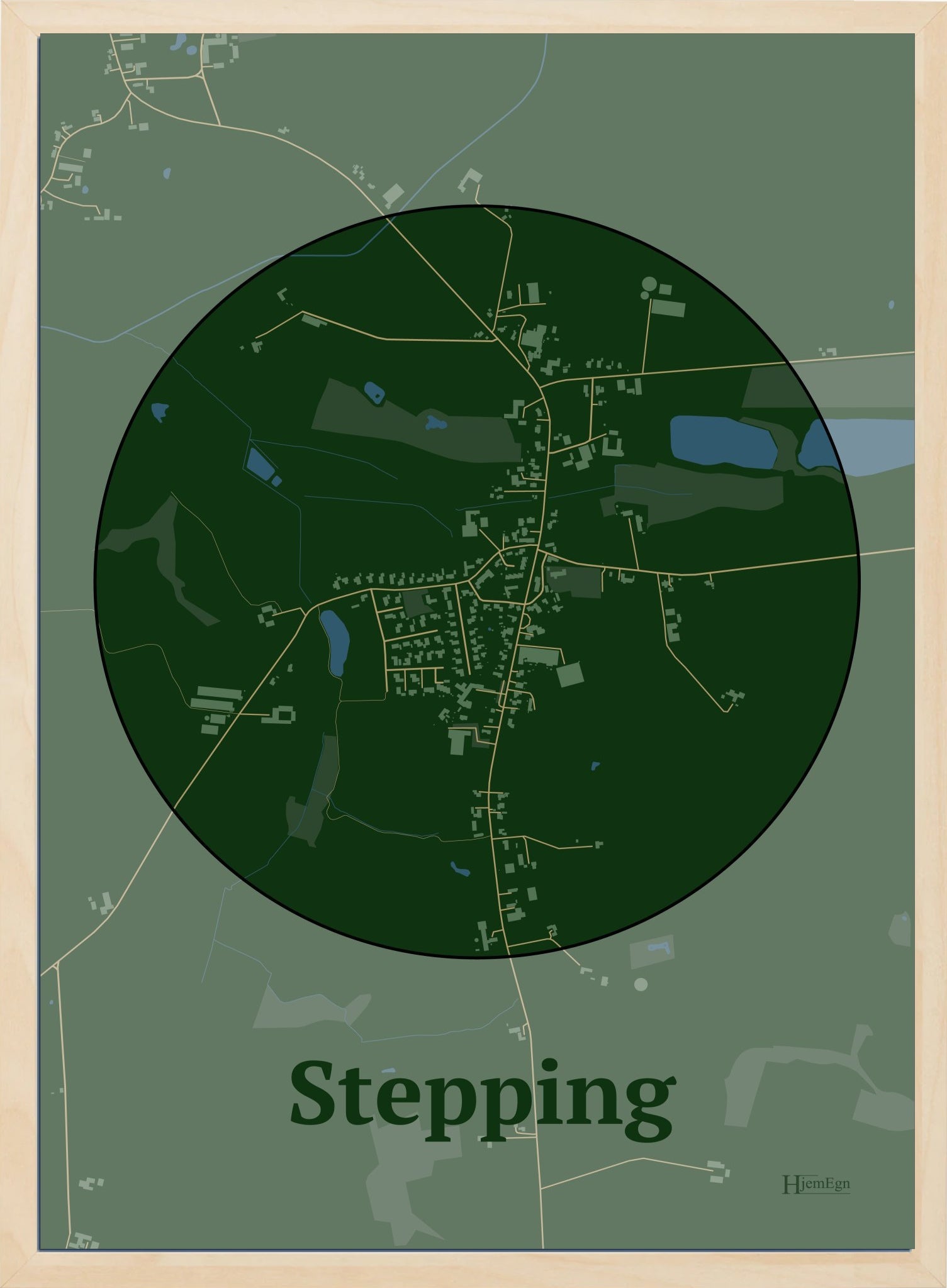 Stepping plakat i farve mørk grøn og HjemEgn.dk design centrum. Design bykort for Stepping
