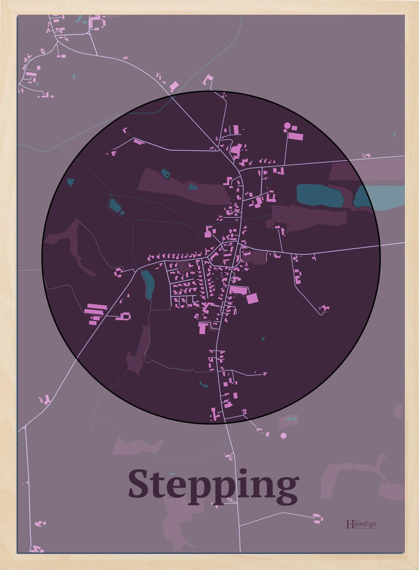 Stepping plakat i farve mørk rød og HjemEgn.dk design centrum. Design bykort for Stepping