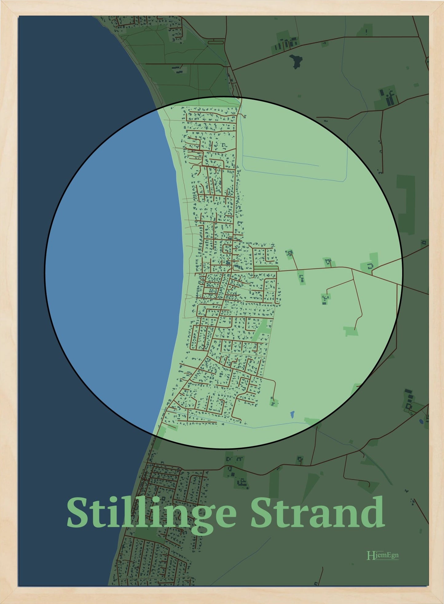 Stillinge Strand plakat i farve pastel grøn og HjemEgn.dk design centrum. Design bykort for Stillinge Strand