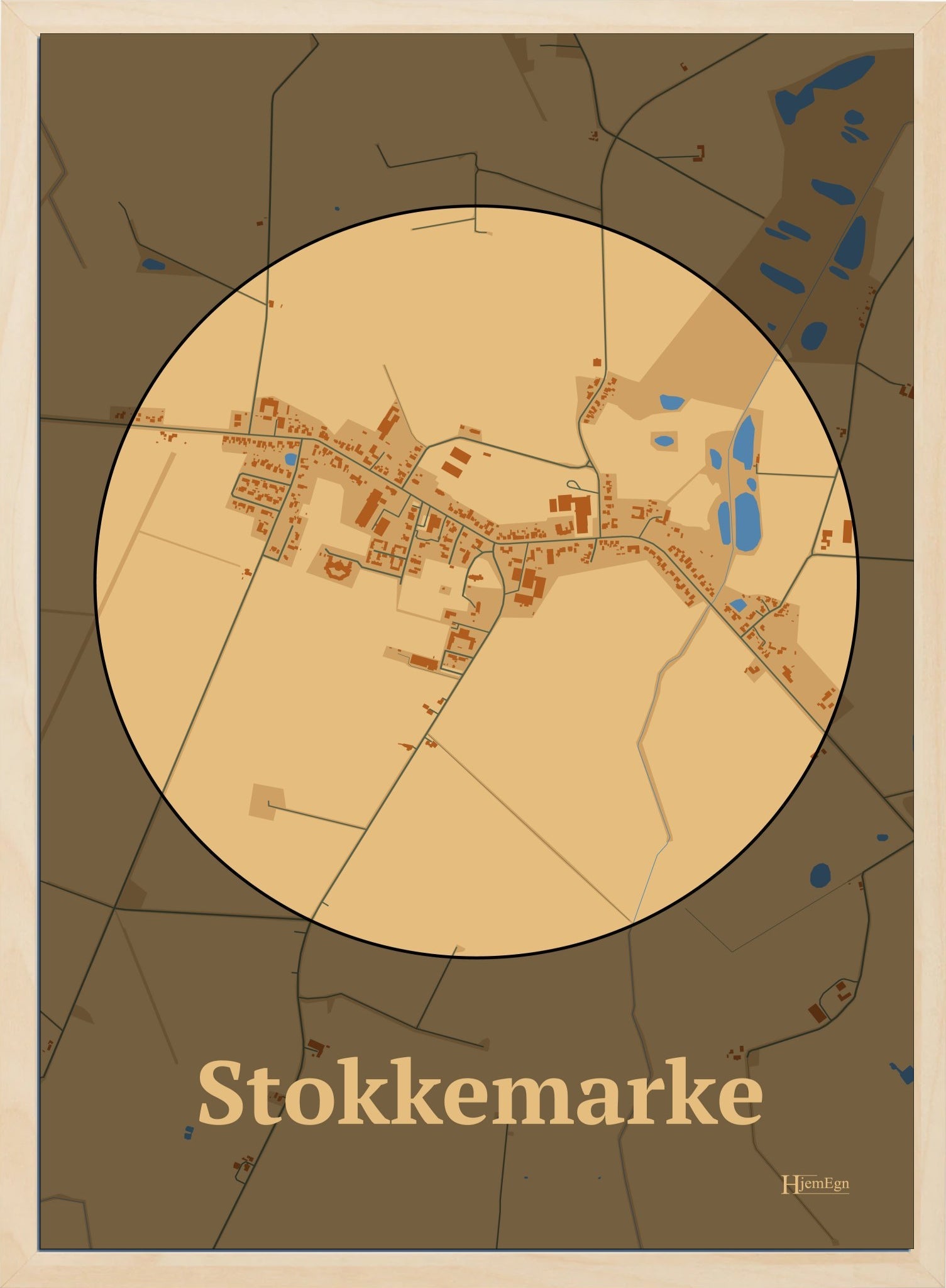 Stokkemarke plakat i farve pastel brun og HjemEgn.dk design centrum. Design bykort for Stokkemarke