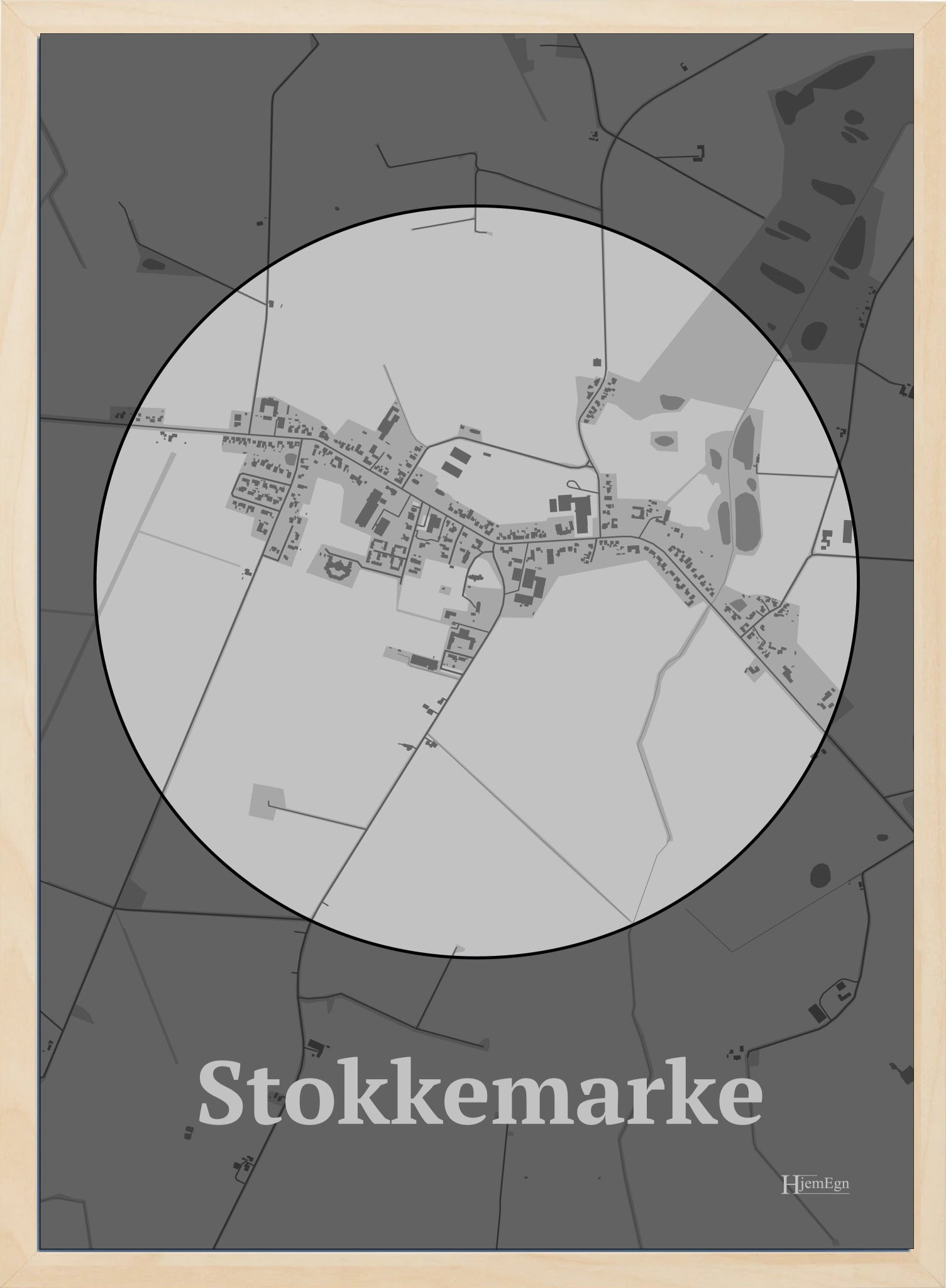 Stokkemarke plakat i farve pastel grå og HjemEgn.dk design centrum. Design bykort for Stokkemarke