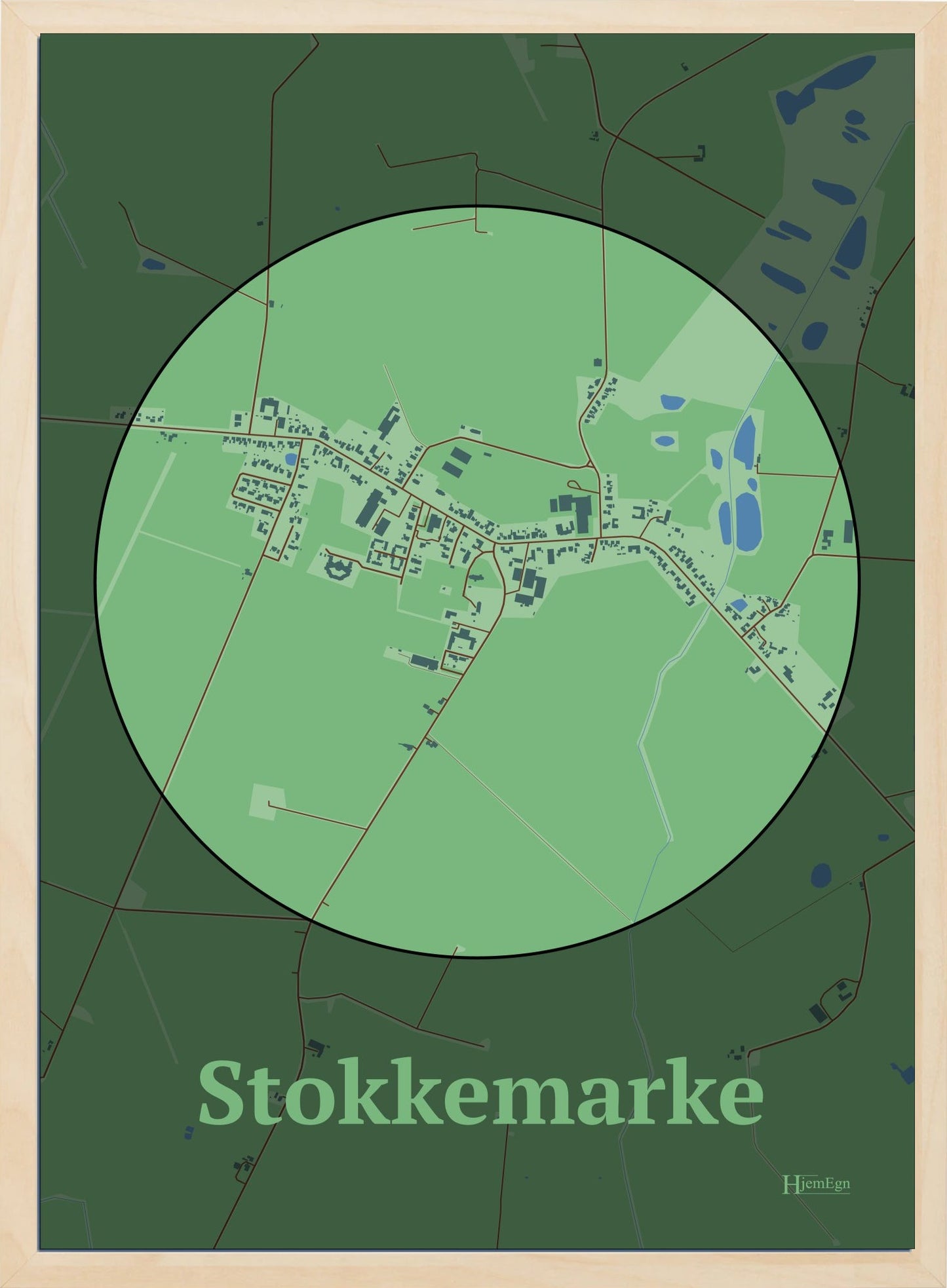 Stokkemarke plakat i farve pastel grøn og HjemEgn.dk design centrum. Design bykort for Stokkemarke