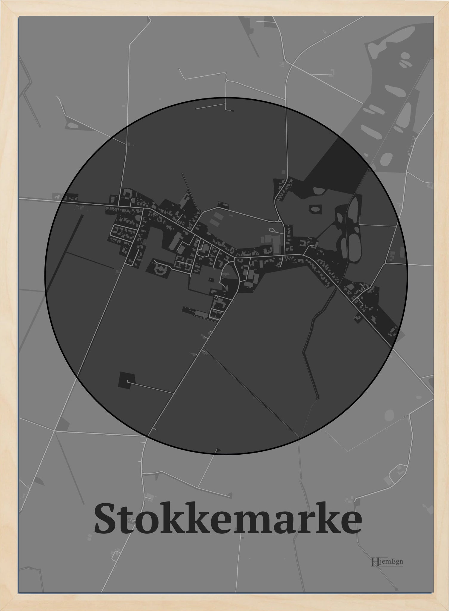 Stokkemarke plakat i farve mørk grå og HjemEgn.dk design centrum. Design bykort for Stokkemarke