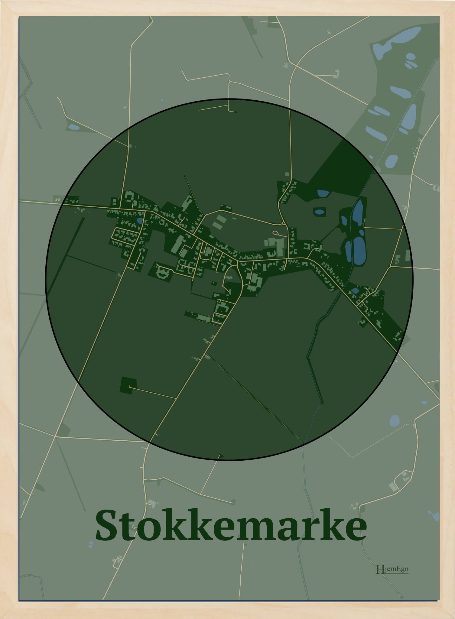 Stokkemarke plakat i farve mørk grøn og HjemEgn.dk design centrum. Design bykort for Stokkemarke