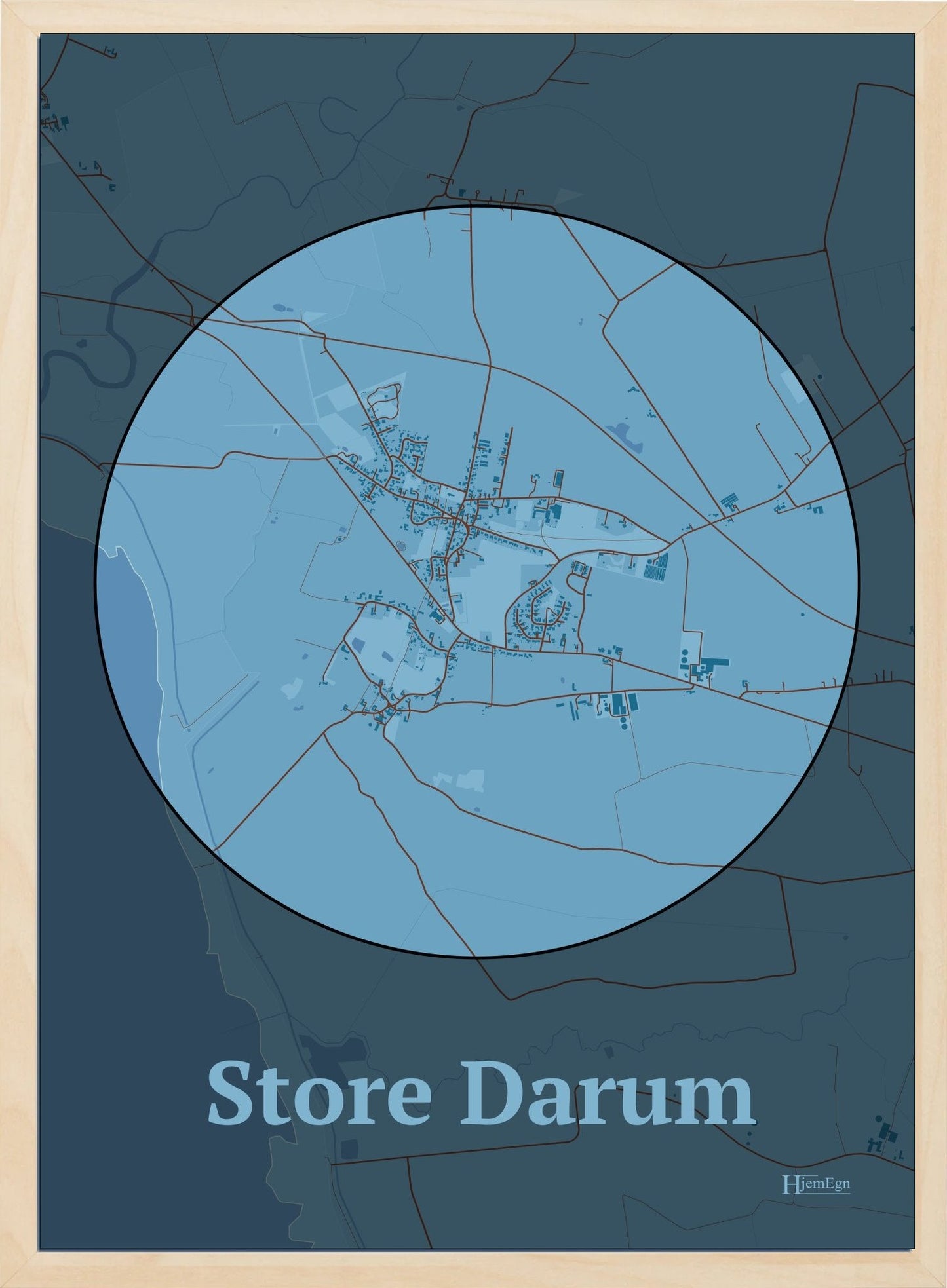 Store Darum plakat i farve pastel blå og HjemEgn.dk design centrum. Design bykort for Store Darum