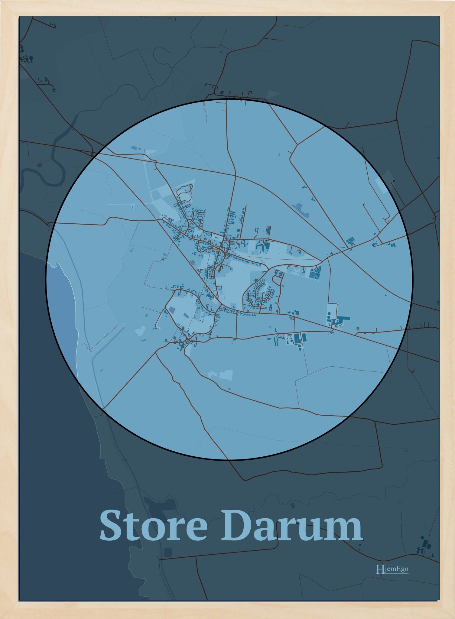 Store Darum plakat i farve pastel blå og HjemEgn.dk design centrum. Design bykort for Store Darum