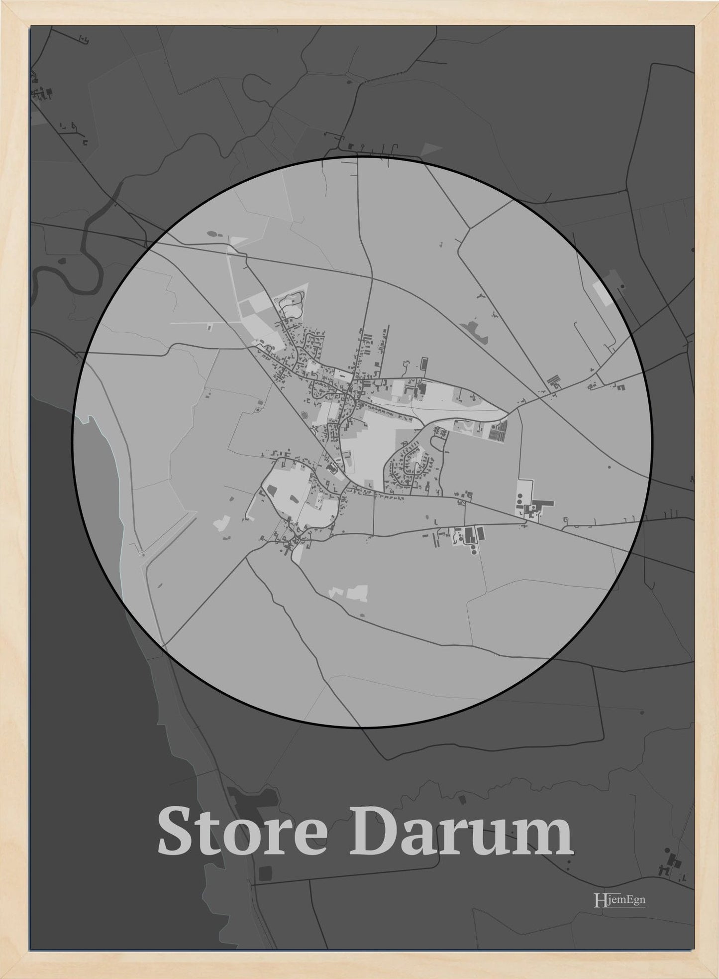 Store Darum plakat i farve pastel grå og HjemEgn.dk design centrum. Design bykort for Store Darum