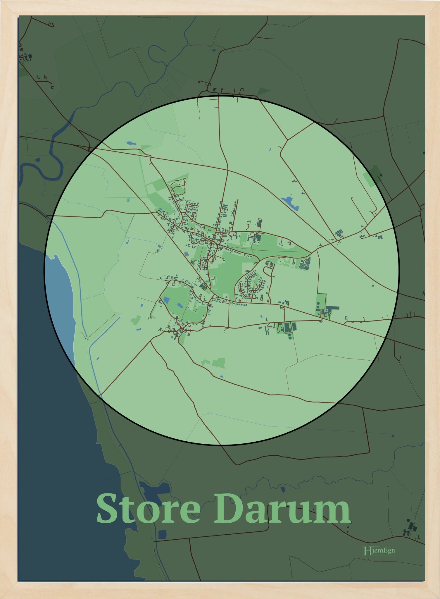 Store Darum plakat i farve pastel grøn og HjemEgn.dk design centrum. Design bykort for Store Darum