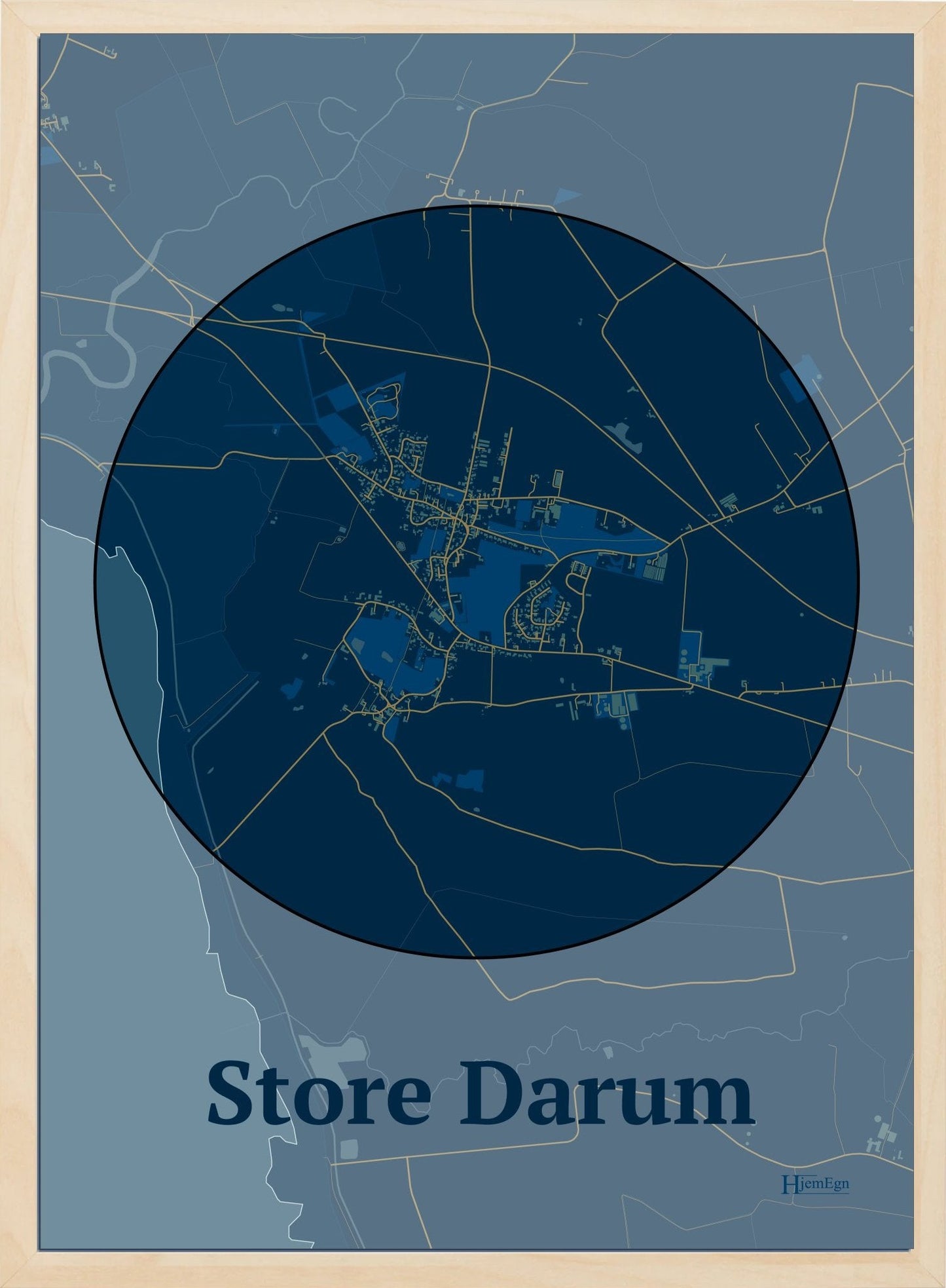 Store Darum plakat i farve mørk blå og HjemEgn.dk design centrum. Design bykort for Store Darum
