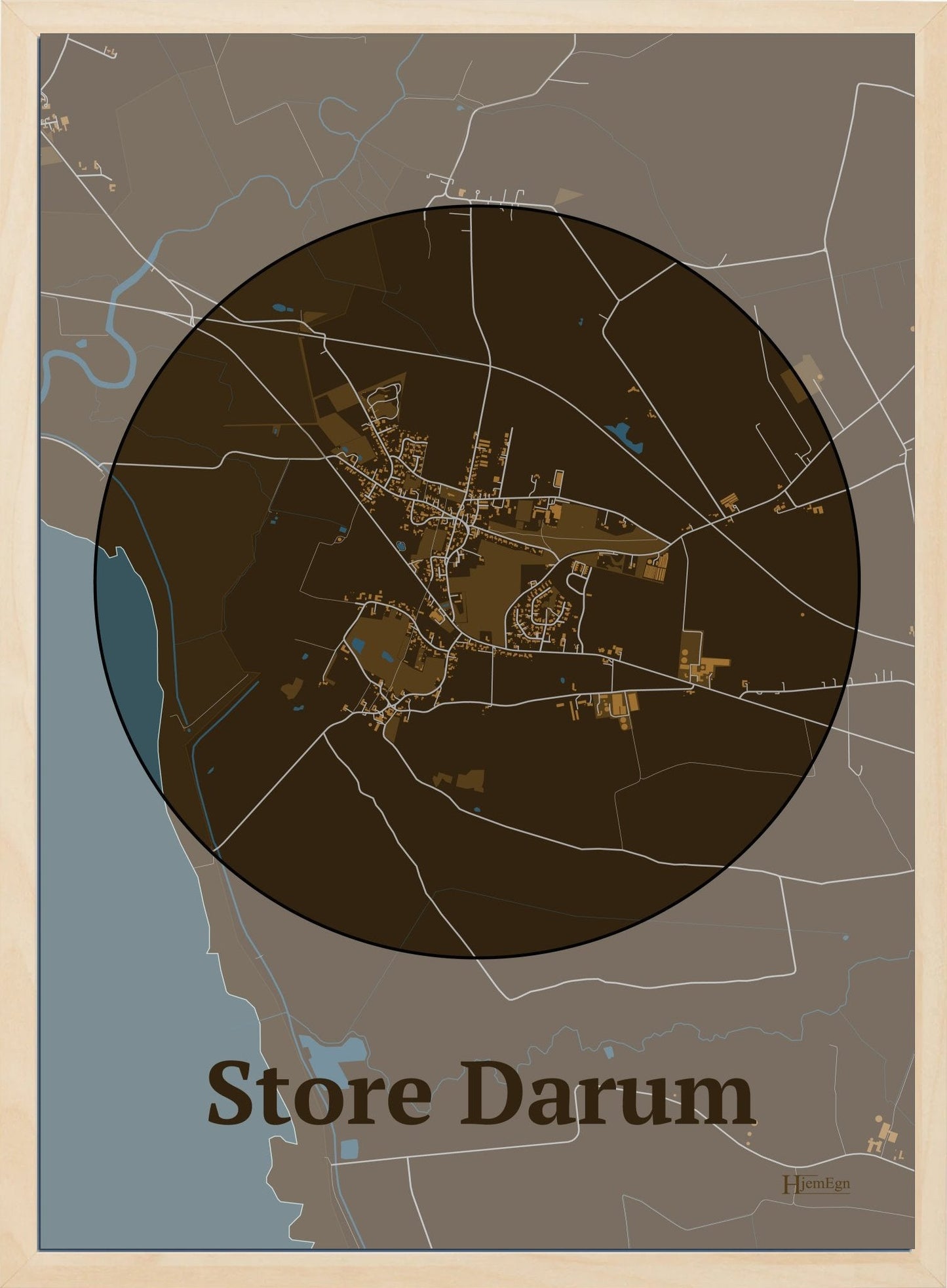 Store Darum plakat i farve mørk brun og HjemEgn.dk design centrum. Design bykort for Store Darum