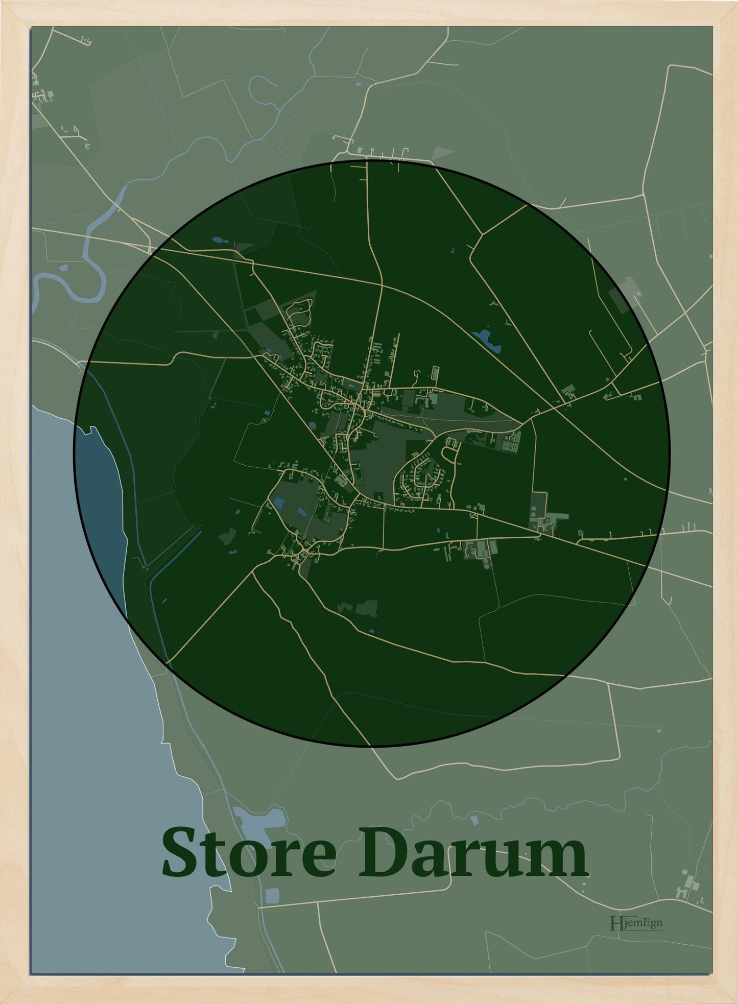 Store Darum plakat i farve mørk grøn og HjemEgn.dk design centrum. Design bykort for Store Darum