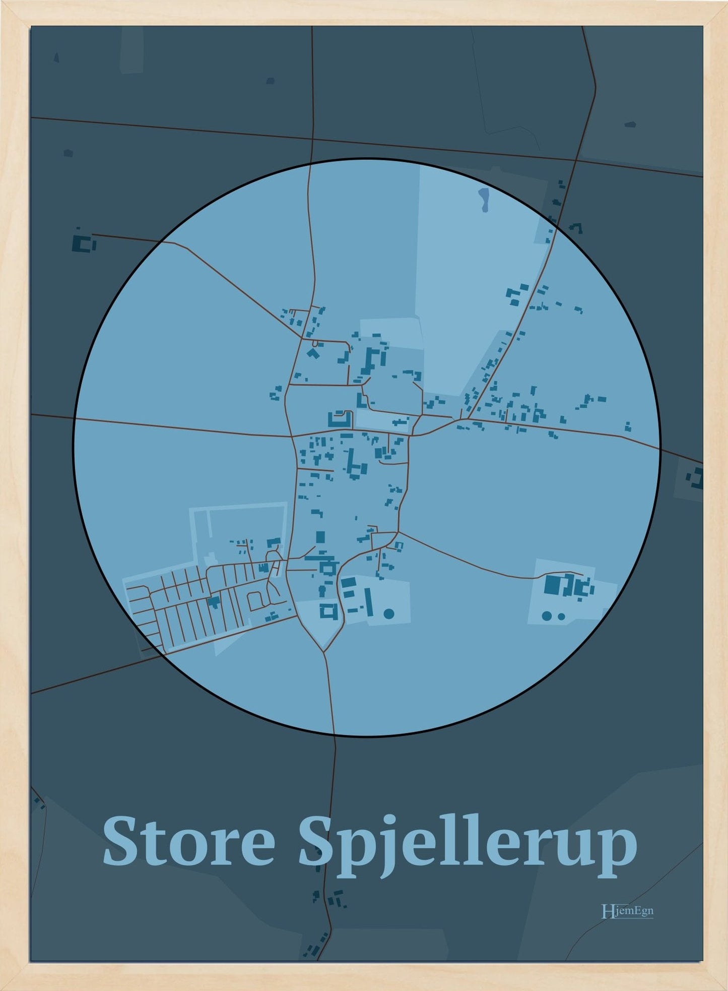 Store Spjellerup plakat i farve pastel blå og HjemEgn.dk design centrum. Design bykort for Store Spjellerup